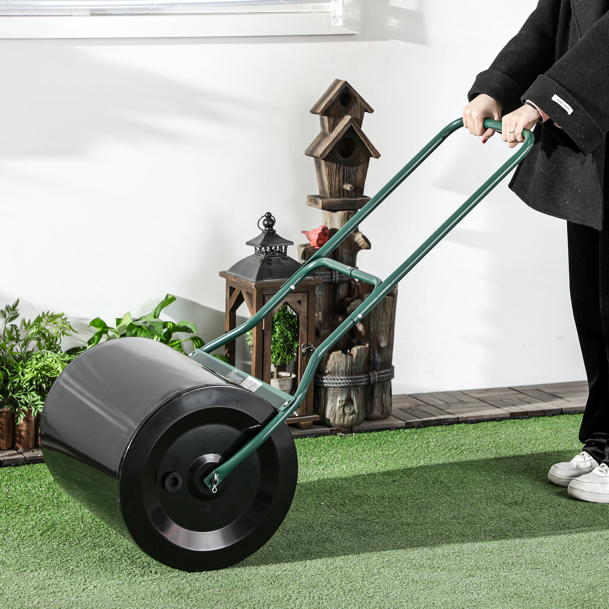 Outsunny φ50cm Steel Garden Lawn Roller Push Pull w/ Fillable Cylinder Water Sand Plug Lawn Flatten Seed Sow Rolling Drum w/ Handle