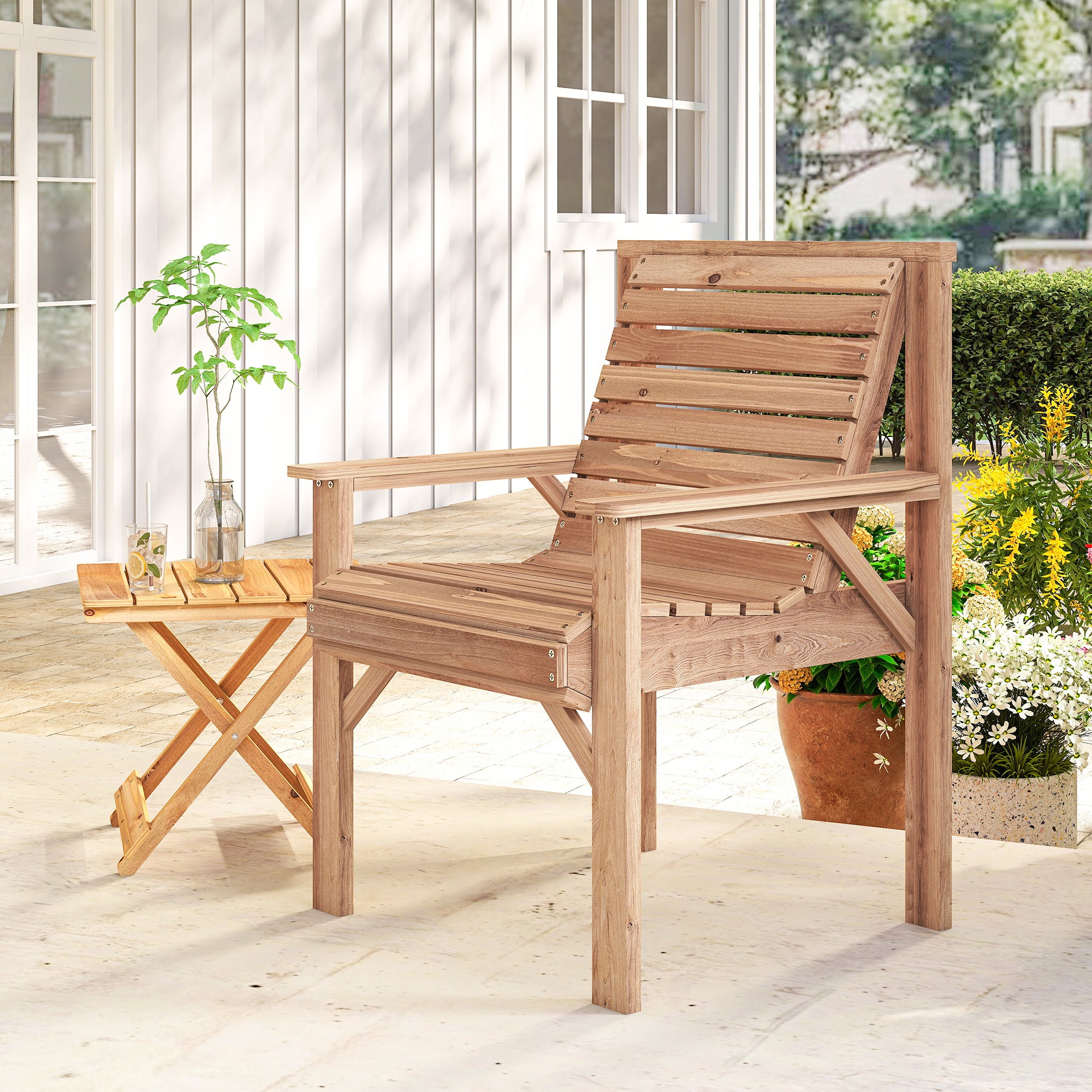 Outsunny Wooden Garden Dining Chair, Outdoor Chair Garden Armchair with Curved Seat and Wide Armrests, Natural Wood Finish