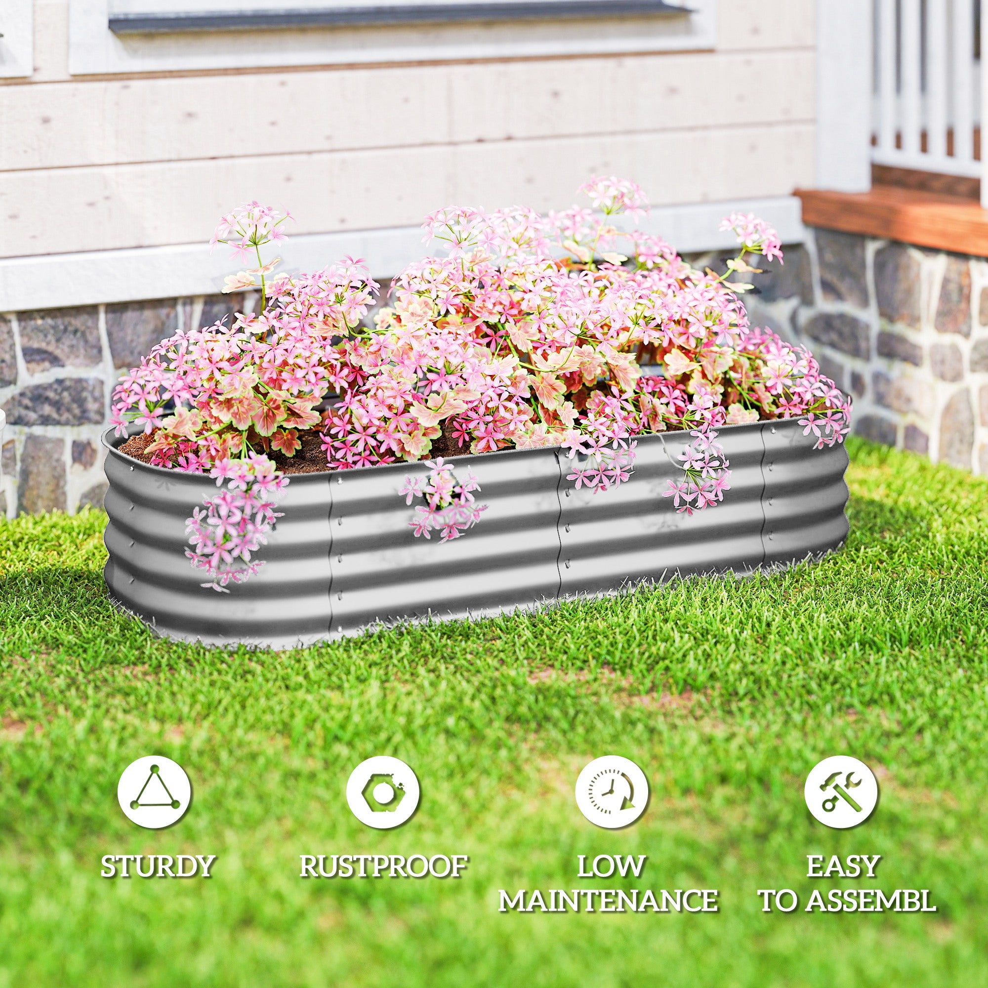Outsunny Galvanised Raised Garden Bed, Metal Planter Box with Safety Edging, for Flowers, Herbs, Succulents, Silver