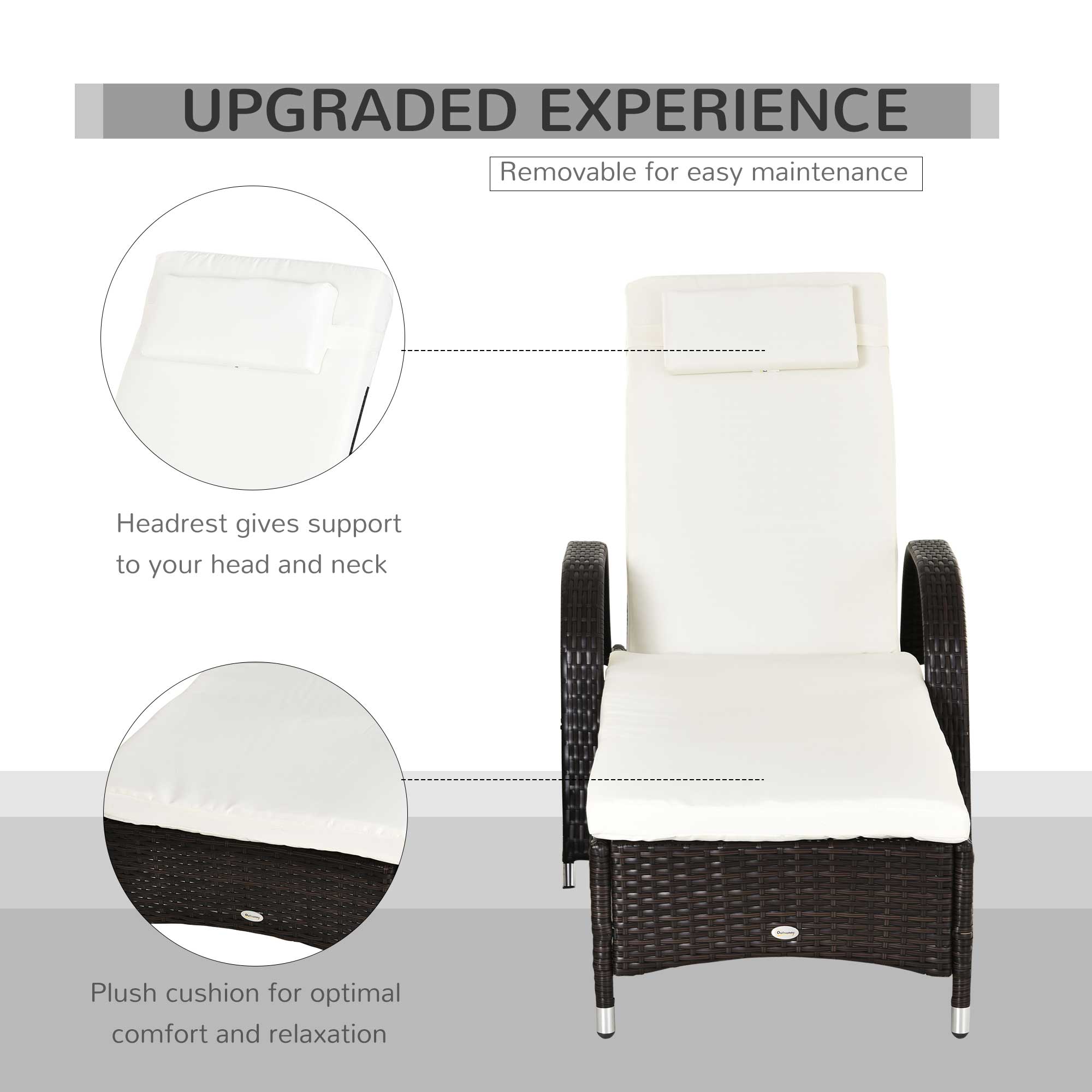 Outsunny 2PC Rattan Sun Lounger Recliner Bed Reclining Chair Patio Garden Outdoor Wicker Weave Adjustable Headrest with Fire Retardant Cushion – Brown