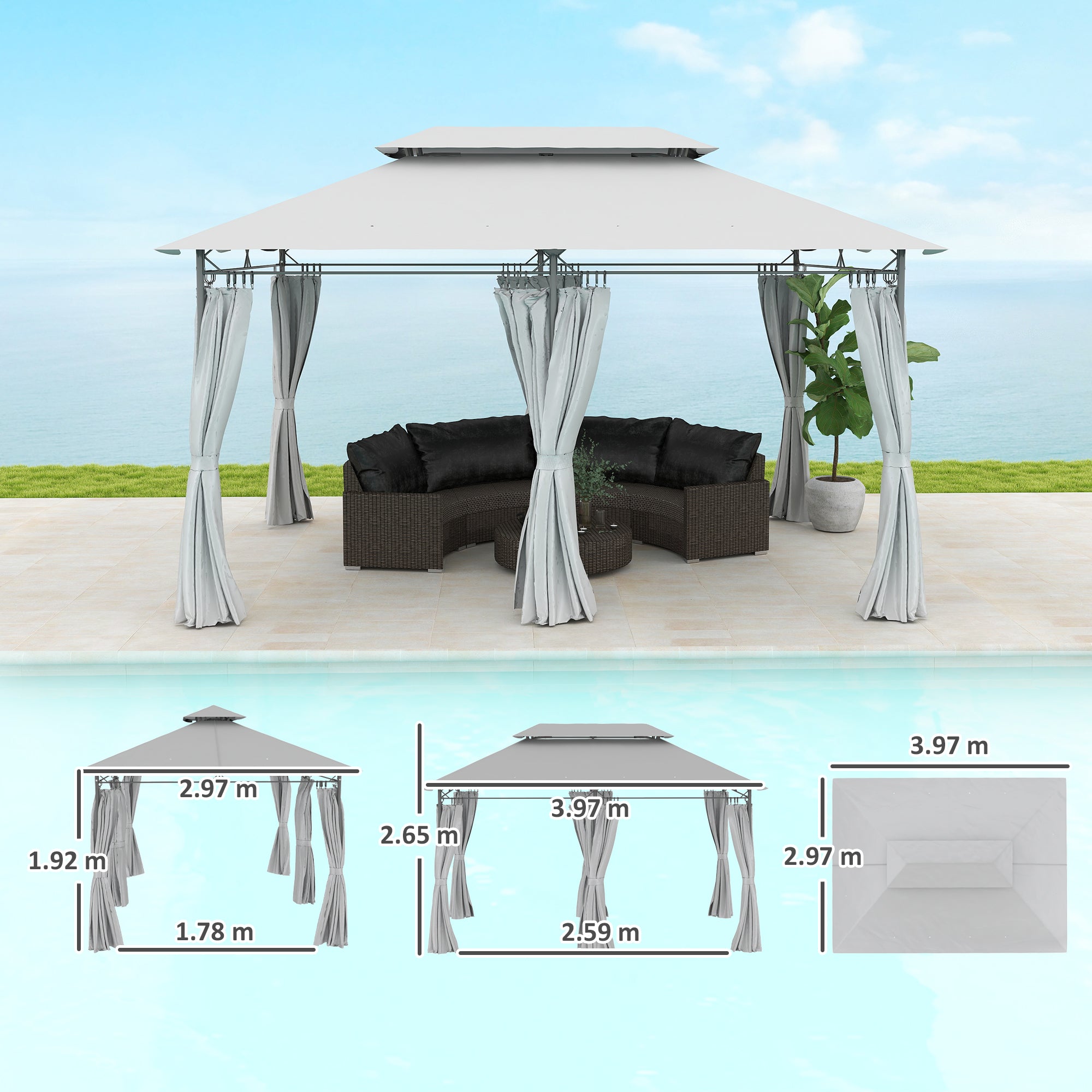 Outsunny 3 x 4m Metal Frame, Two-Tier Roof Gazebo - Dark Grey