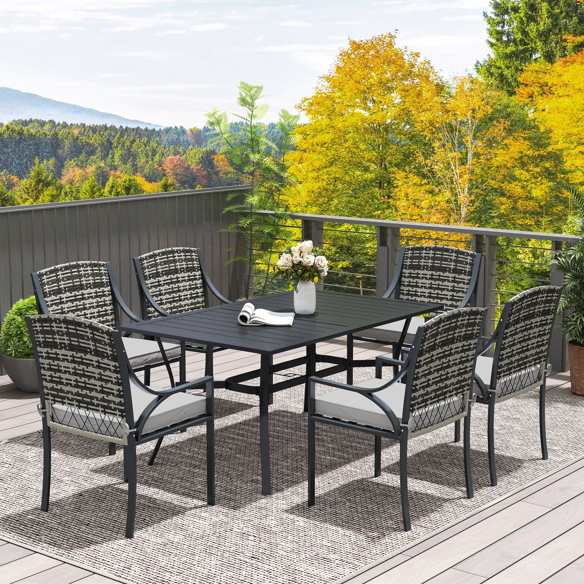 Outsunny Rattan Garden Furniture Set with Cushions, 6 Seater Rattan Dining Set with 6 Armchairs, 150 x 96cm Rectangular Table, Umbrella Hole, for Outdoor, Patio, Balcony, Terrace, Conservatory
