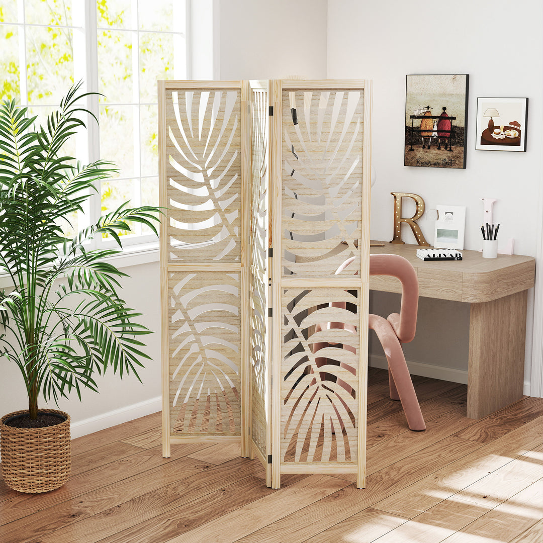 HOMCOM 3 Panel Room Divider, Detachable Folding Privacy Screens with Palm Leaf Design for Home Office, Natural Wood Finish