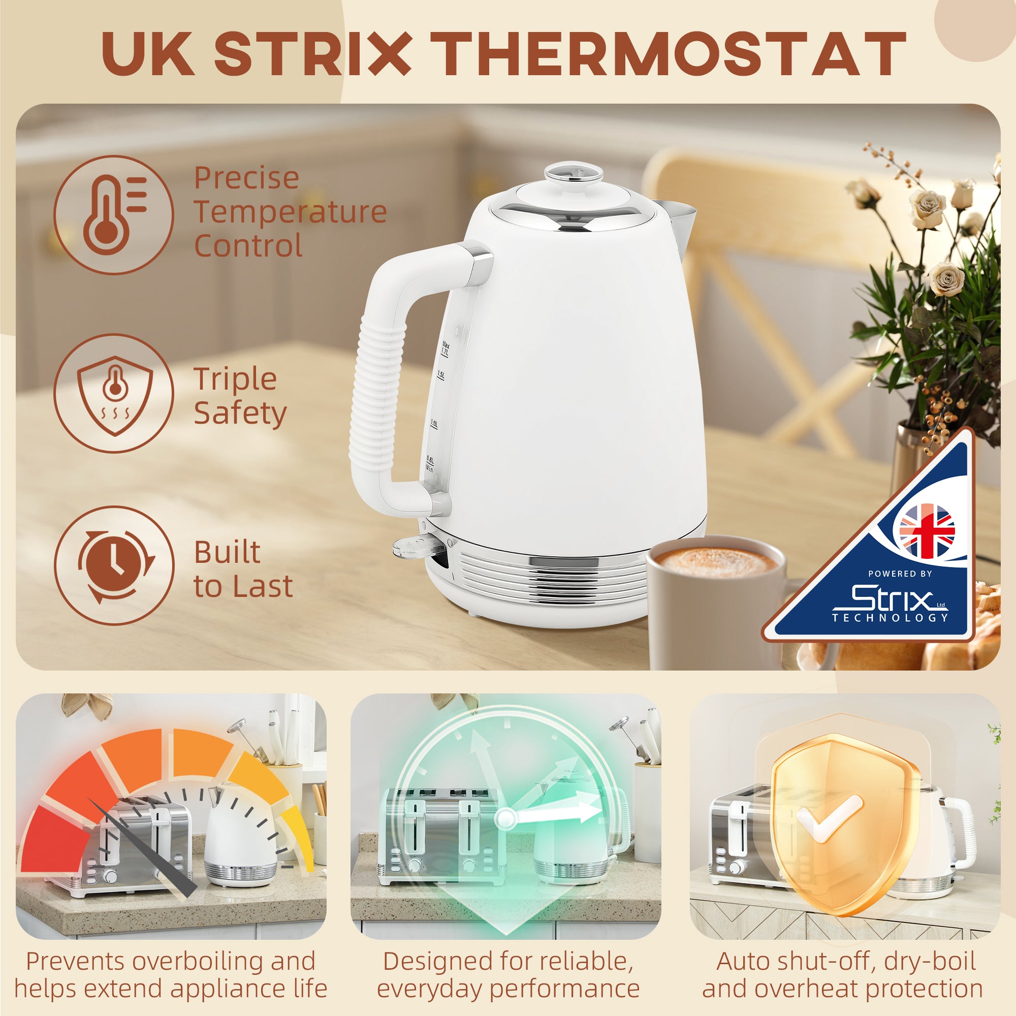 HOMCOM Stainless Steel Kettle and Toaster Set, 1.7L 3000W Rapid Boil Jug Kettle with UK Strix Thermostat, Limescale Filter, 4 Slice Toaster with 7 Browning Controls, Crumb Tray, White and Silver Tone