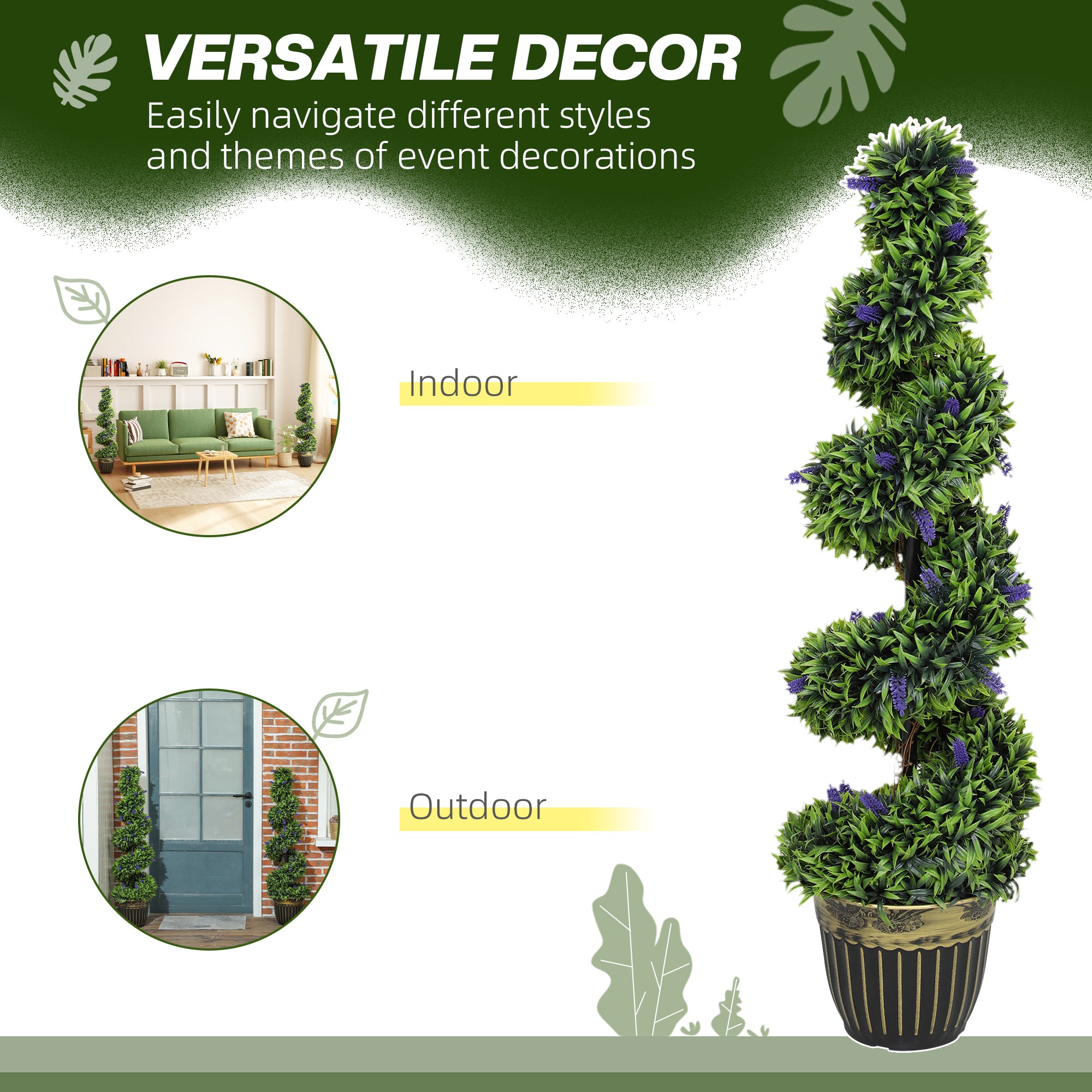 HOMCOM Set of 2 Decorative Artificial Plants, Boxwood Spiral Topiary Tree with Lavender and Pot, Fake Plants for Home Indoor Outdoor Decor, 115cm