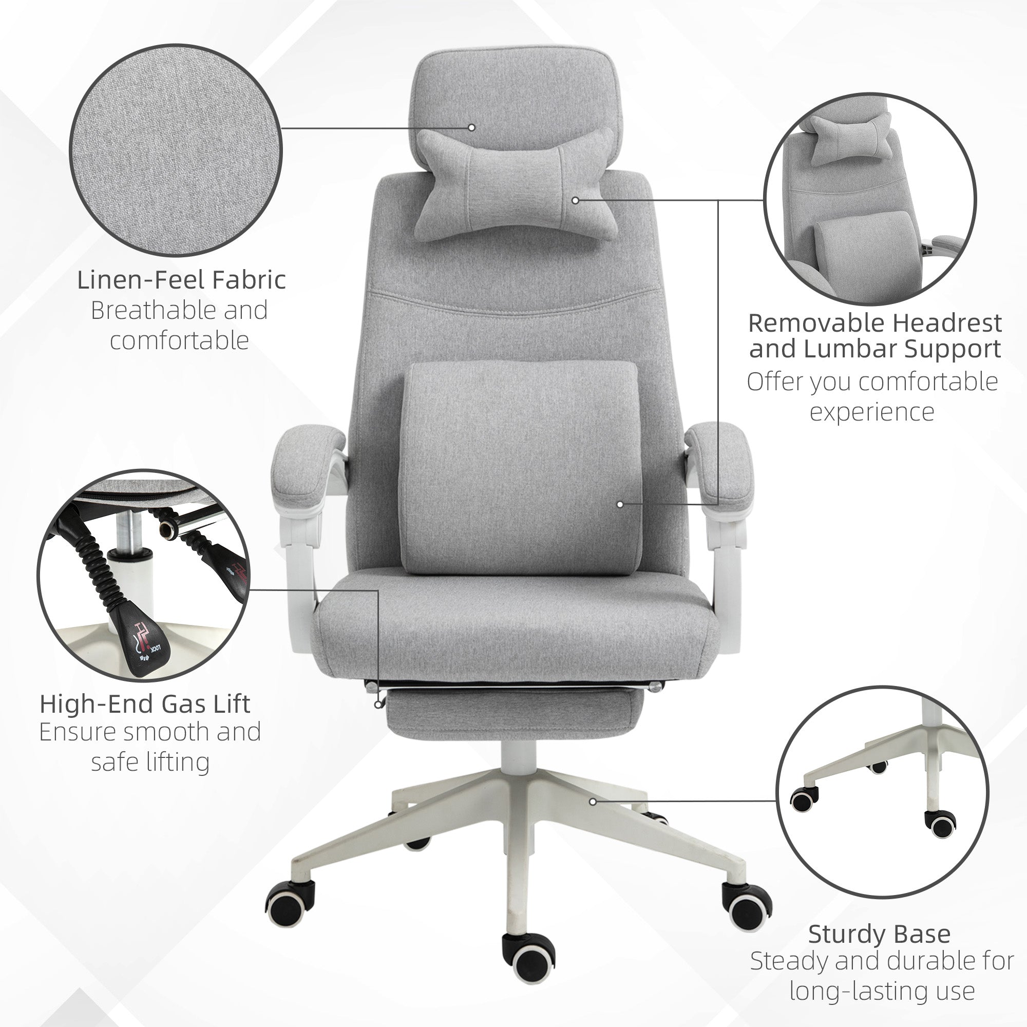 Vinsetto Office Chair, Ergonomic Desk Chair, High Back Fabric Work Chair with 160\'c2\'b0 Reclining Backrest, Retractable Footrest, Neck and Lumbar Pillow for Home and Study, Grey