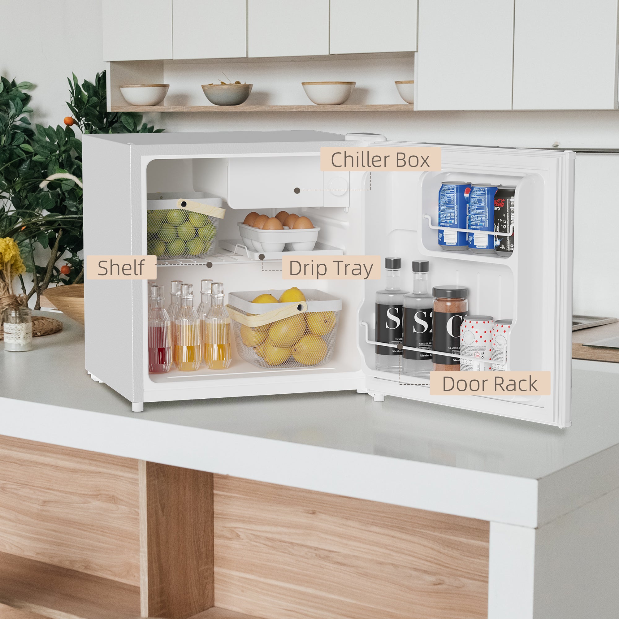 HOMCOM 46 Litre Table Top Mini Fridge, Small Fridge with Ice Box, Reversible Door, Adjustable Temperature and Legs for Bedrooms, Home Office, Cream