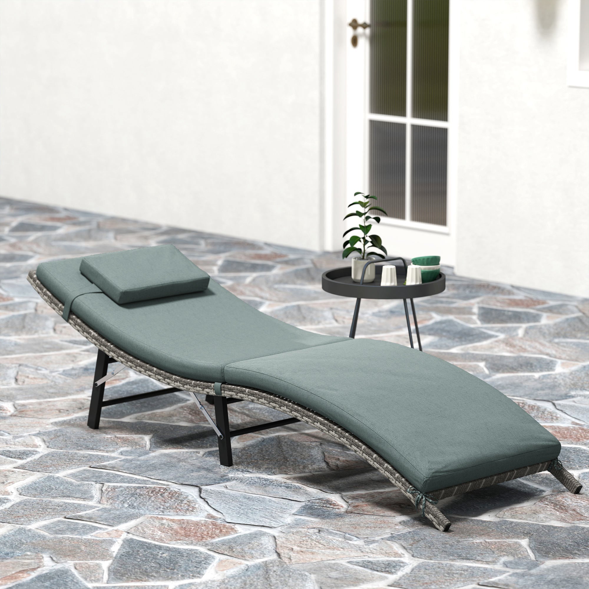 Outsunny Rattan Folding Sun Lounger Outdoor Chair with Cushion and Pillow Mixed Grey