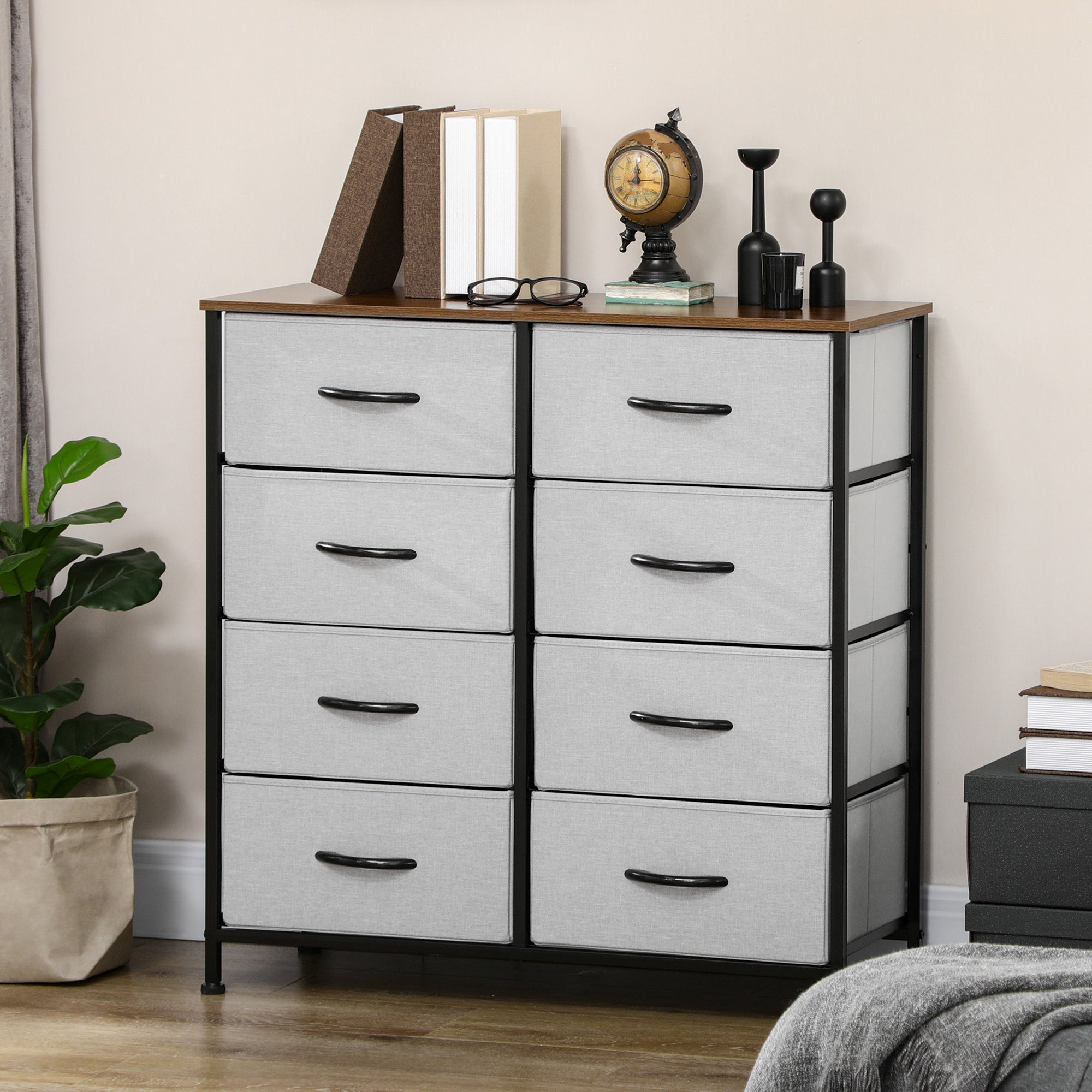HOMCOM Fabric Chest of Drawers, Industrial Storage Bedroom Dresser with 8 Fabric Drawers, Steel Frame and Wooden Top for Nursery, Living Room, Hallway, Grey
