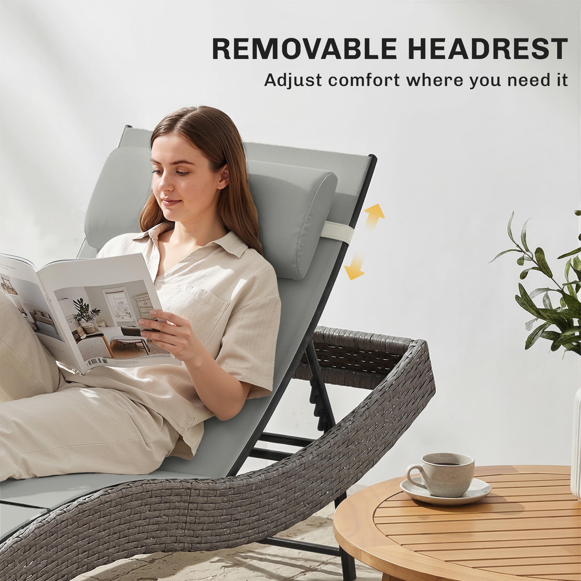 Outsunny Rattan Sun Lounger, Garden Recliner with 5 Position Adjustable Back, S Shaped Texteline Seat, Headrest, Light Grey