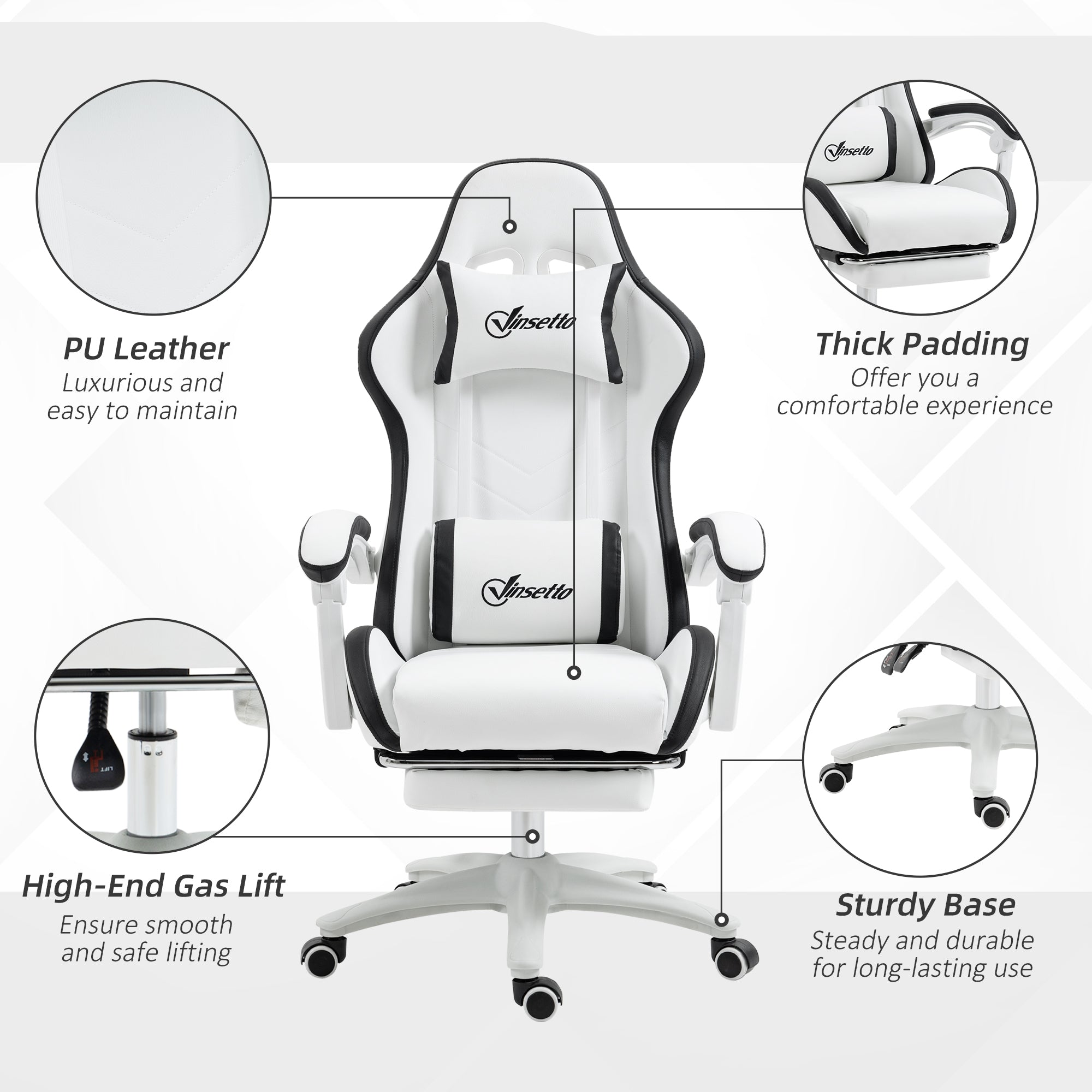 Vinsetto Computer Gaming Chair, PU Leather Desk Chair with Footrest, Swivel Task Chair with 135\'c2\'b0 Reclining Back and Lumbar Support, PC Chair for Adults, White and Black
