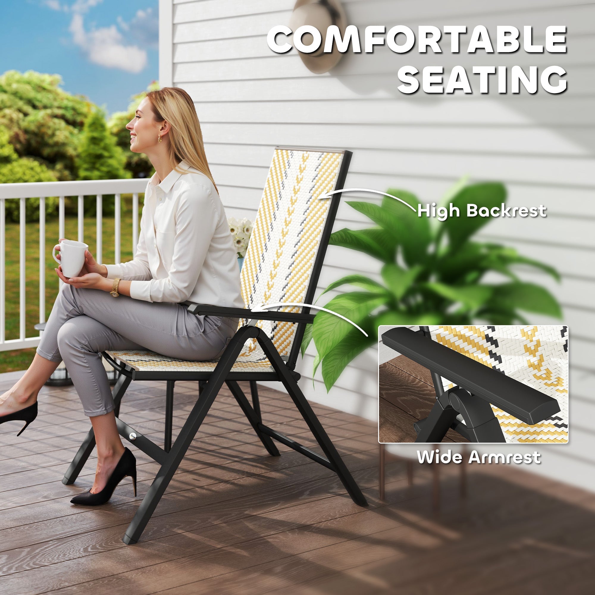 Outsunny Outdoor Rattan Folding Chair with 5-Position Adjustable Backrest, Wicker Garden Dining Chair with Wide Armrest, Set of 2 for Patio, Terrace, Balcony, Orange