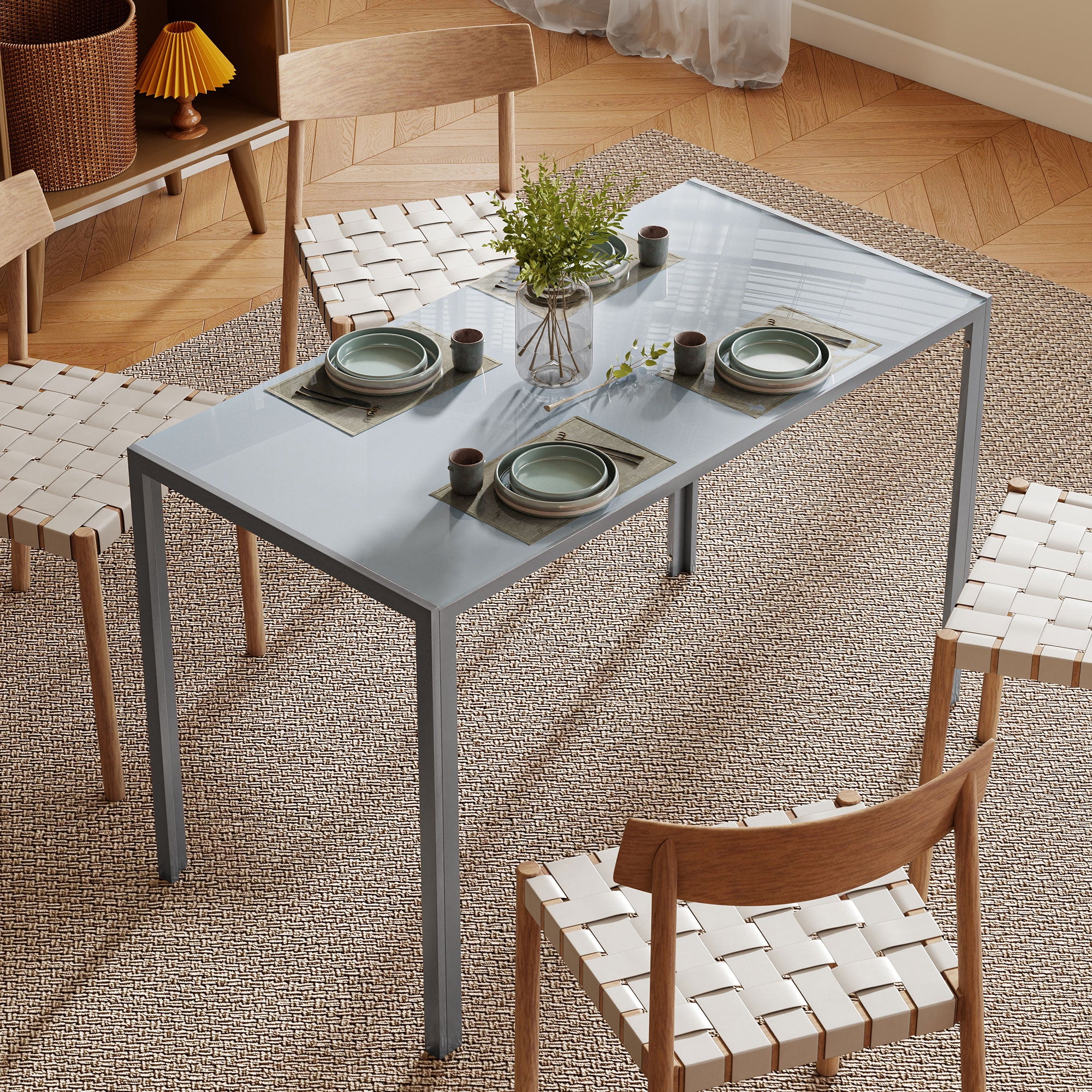 HOMCOM 120cm Dining Table, Rectangle 4 Seater Kitchen Table with Tempered Glass Top and Metal Legs, Grey