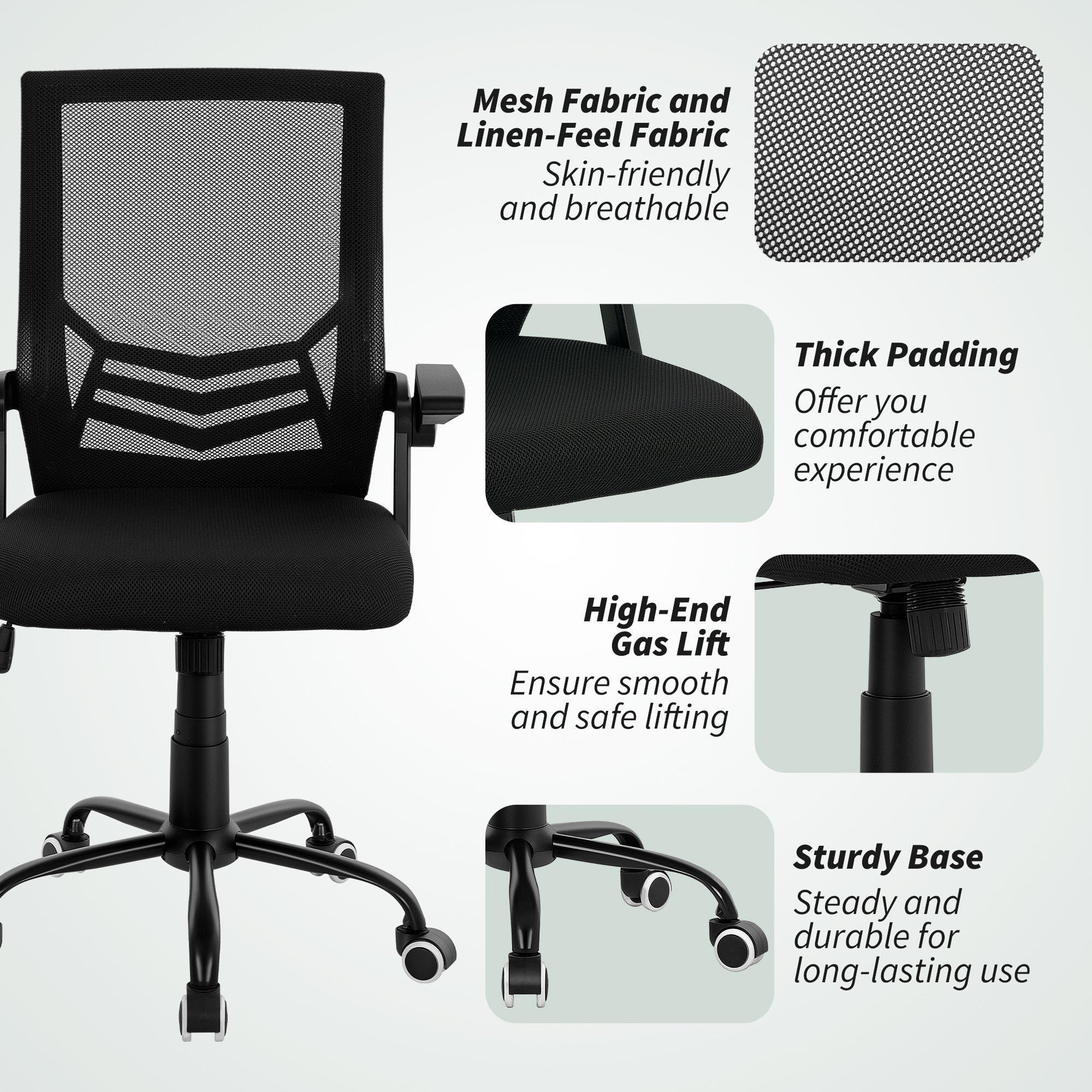 Vinsetto Mesh Office Chair, Computer Desk Chair with Flip-up Armrests, Lumbar Back Support and Swivel Wheels, Black