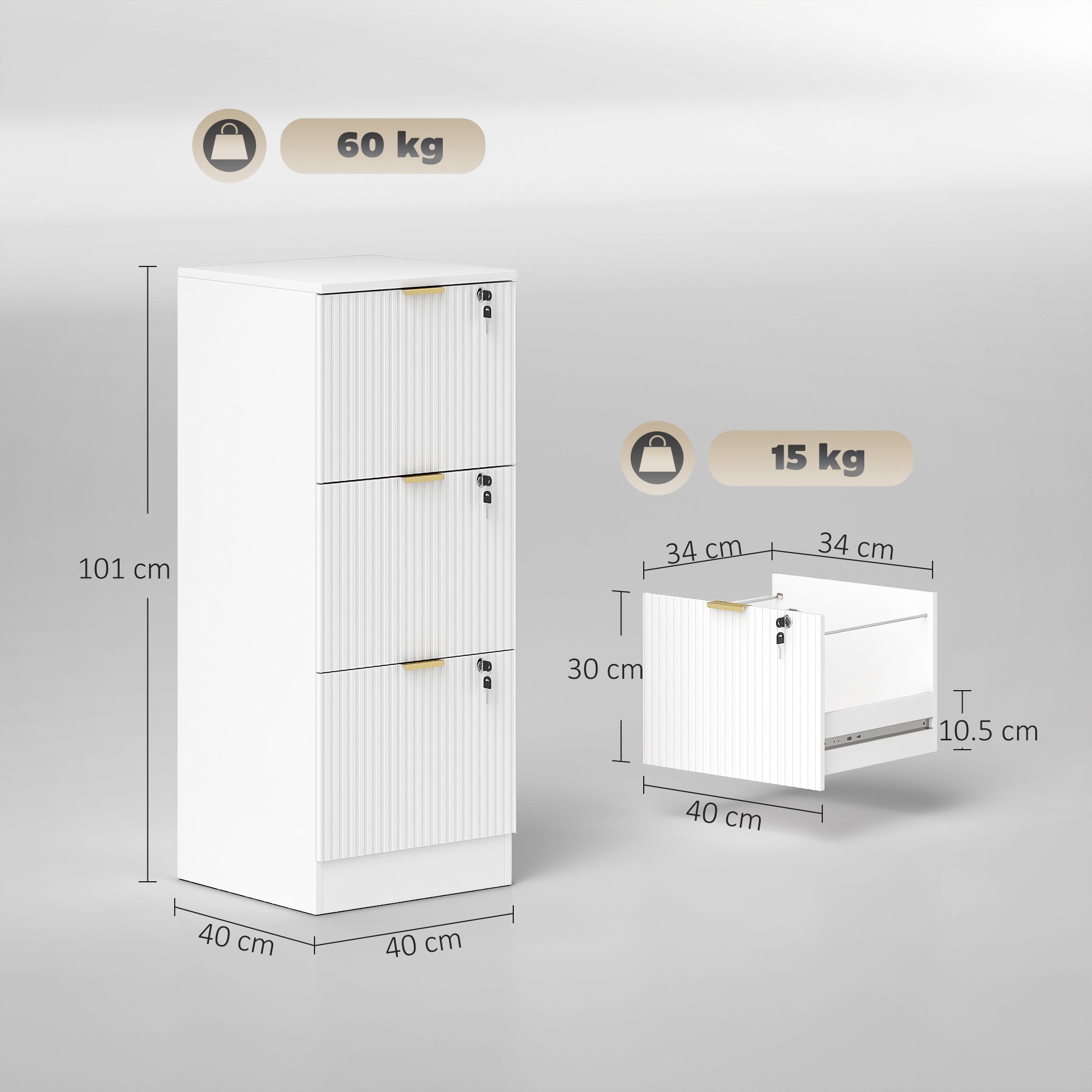 HOMCOM Filing Cabinet, Fluted Vertical File Cabinet with 3 Lockable Drawers and Hanging Rails, White