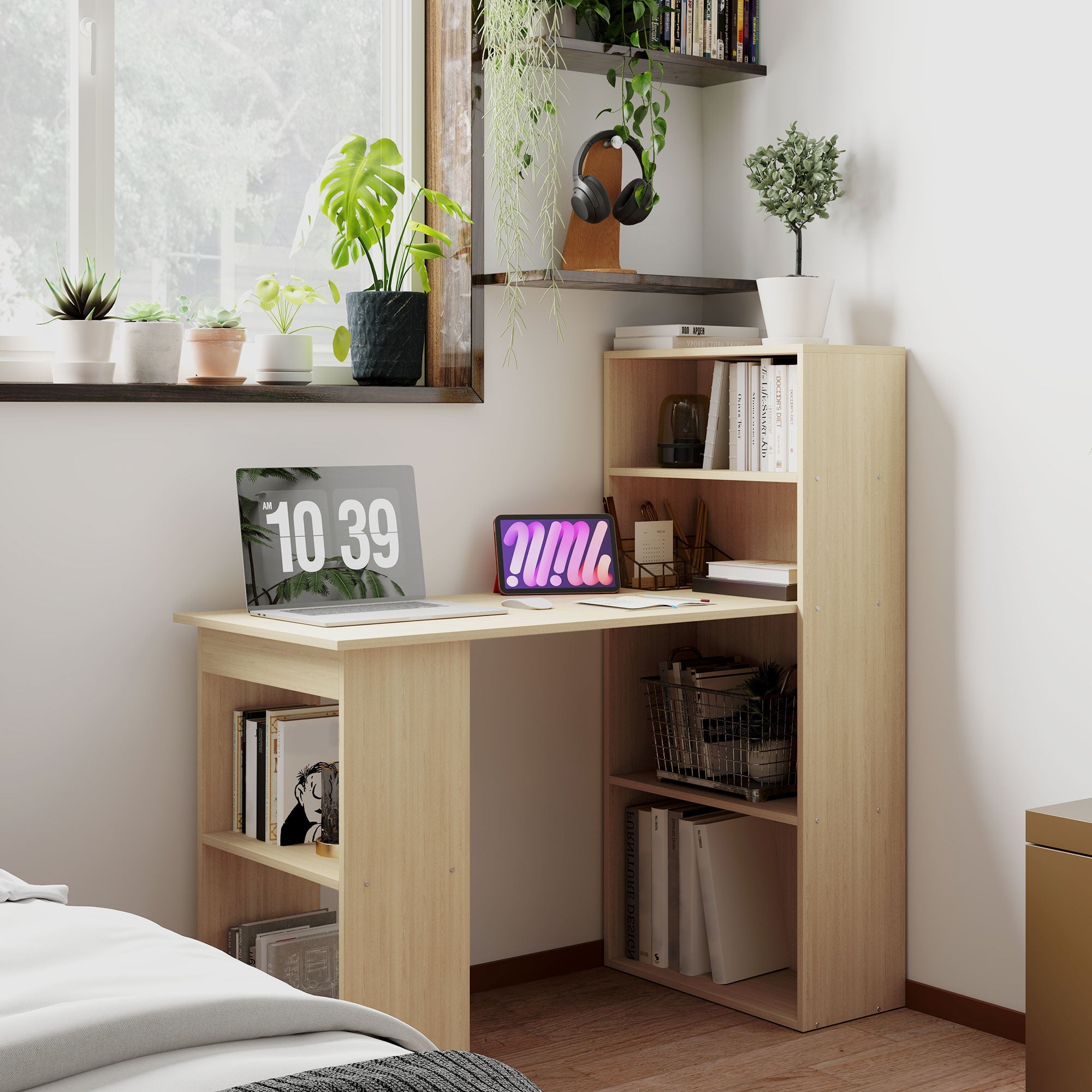 HOMCOM 120cm Modern Computer Desk Bookshelf Study Table Workstation PC Laptop Writing Home Office 6 Shelves, Natural Wood Finish
