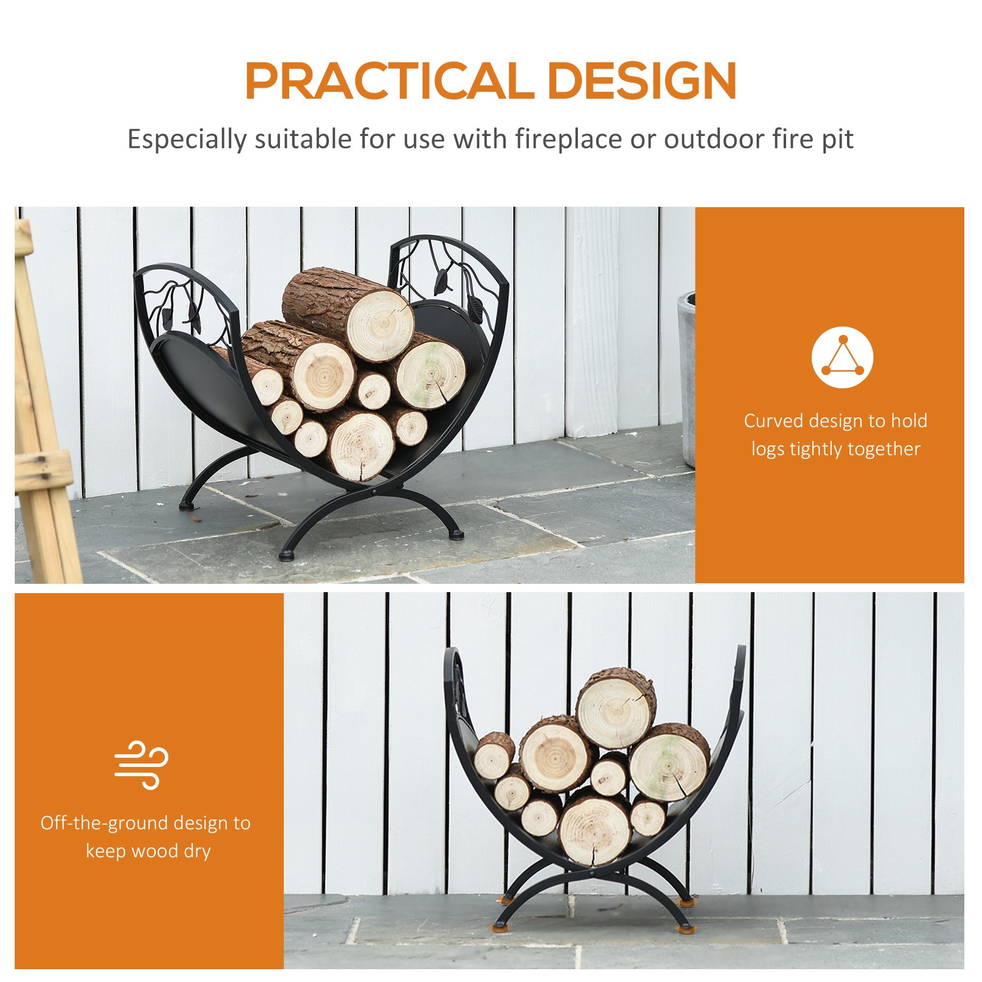 Outsunny Metal Arced Firewood Log Holder Indoor Outdoor Folding Firewood Rack Fireplace Wood Storage Shelf w/ Leaf Pattern Design, Black, 43.5W x 36.5D x 41H cm