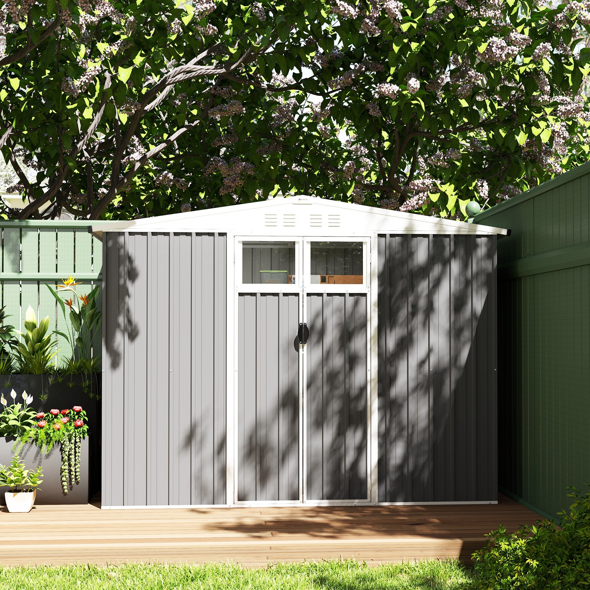 Outsunny 8 x 4 ft Metal Garden Shed, Garden Storage Shed with Window, 4 Vents and Lockable Door, Waterproof Galvanised Steel Tool Storage Shed, Light Grey