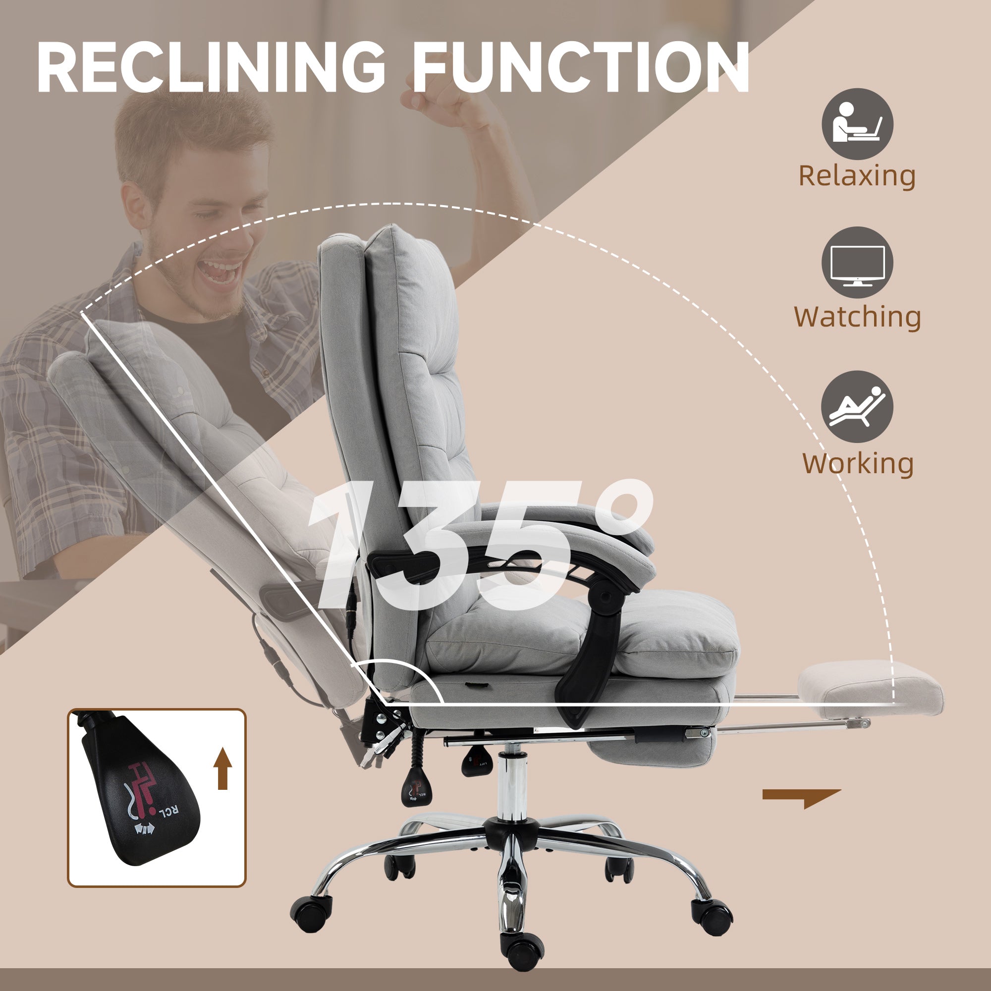 Vinsetto Office Chair, Ergonomic Desk Chair with 6-Point Vibration Massage and Back Heating, Microfibre Computer Gaming Chair with 135\'c2\'b0 Reclining Back and Footrest, Grey