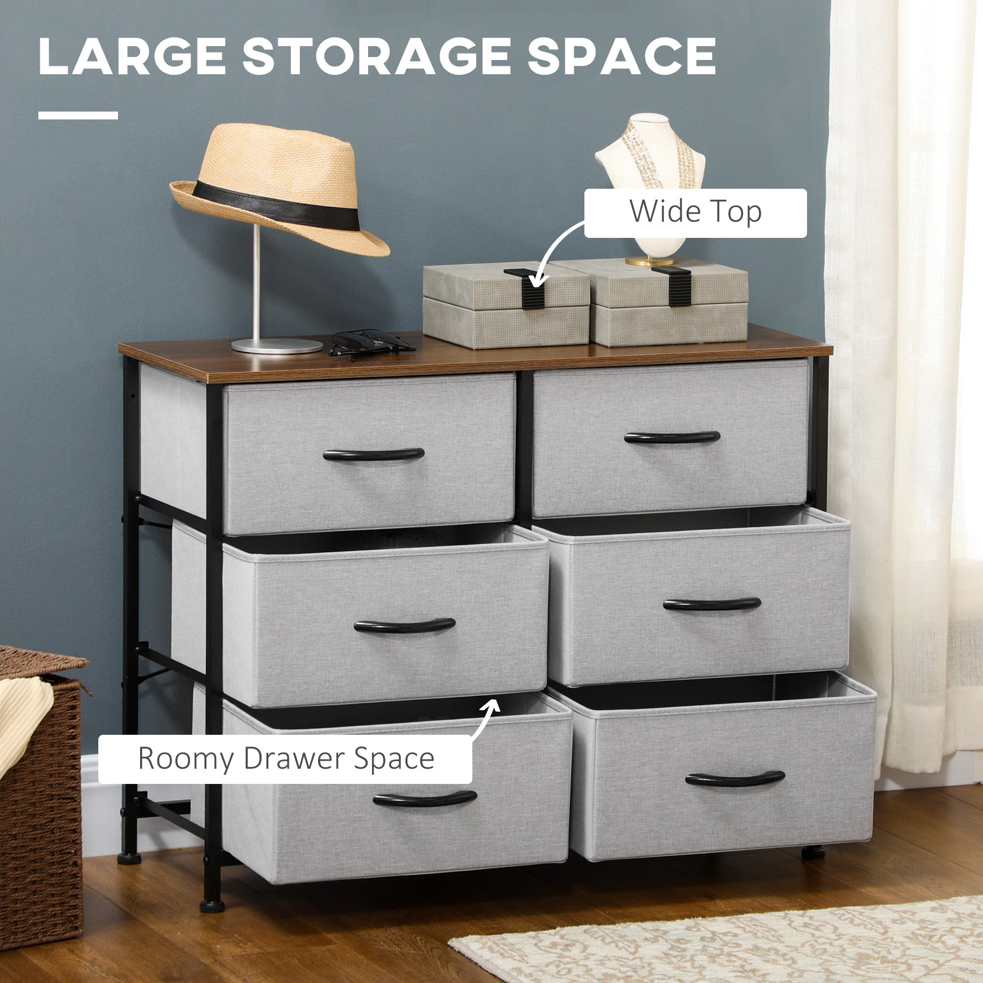 HOMCOM Fabric Chest of Drawers, Industrial Storage Bedroom Dresser with 6 Fabric Drawers, Steel Frame and Wooden Top for Nursery, Living Room, Hallway, Grey