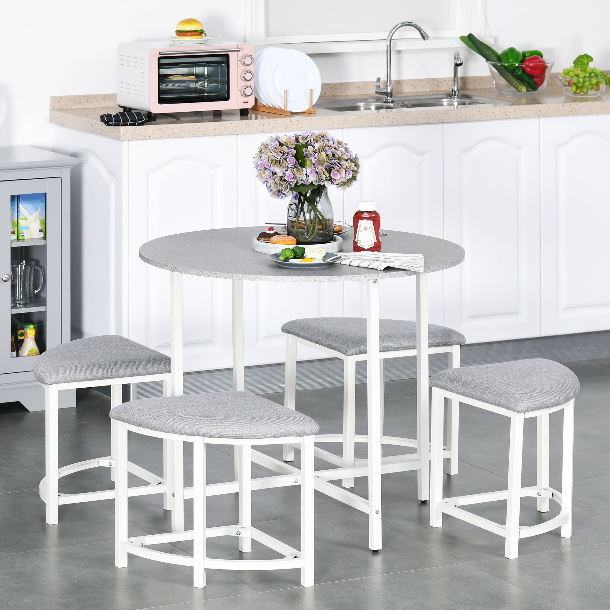 HOMCOM Modern Round Dining Table Set with 4 Upholstered Stools for Dining Room, Kitchen, Grey