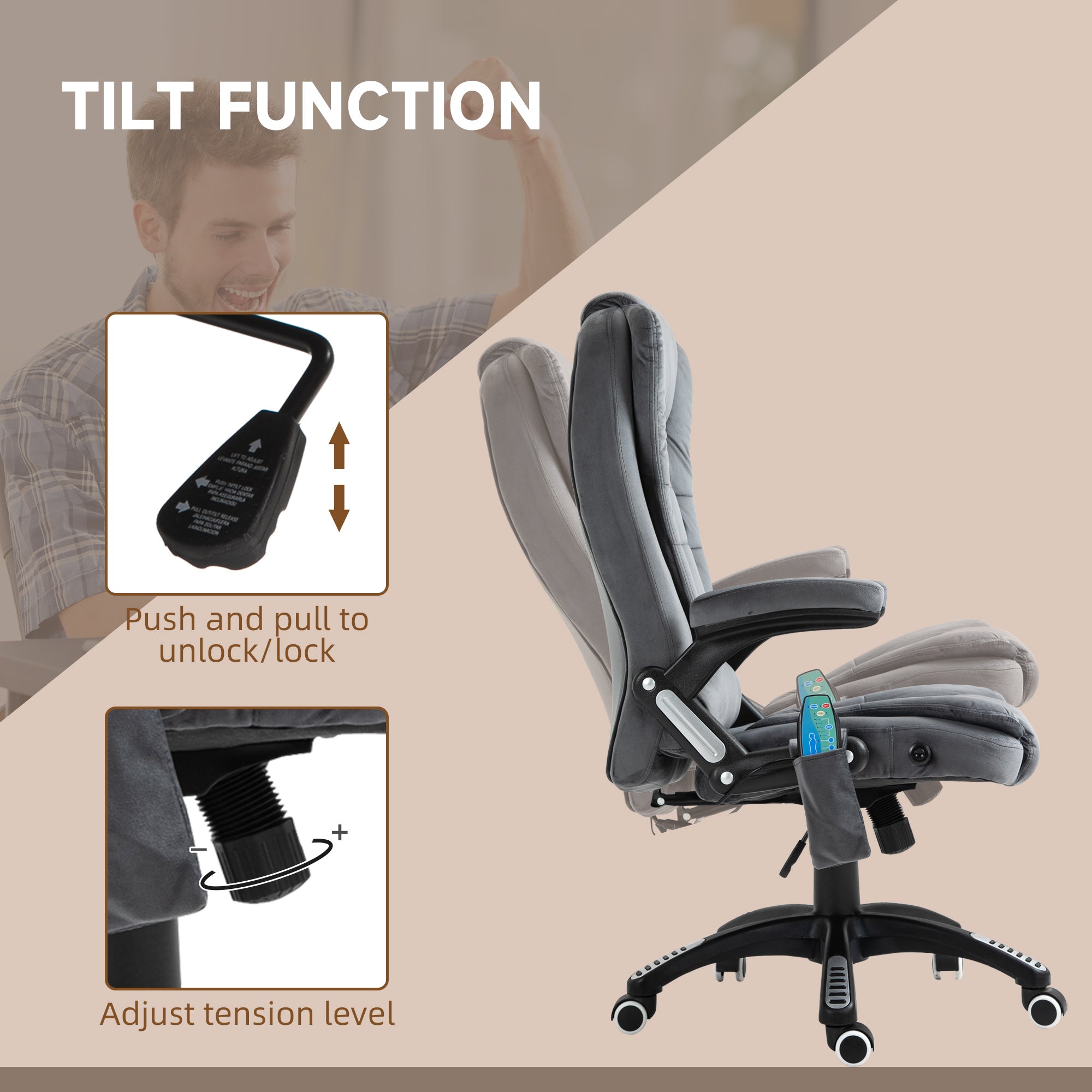 Vinsetto Massage Recliner Chair Heated Office Chair with Six Massage Points Velvet-Feel Fabric 360\'c2\'b0 Swivel Wheels Grey