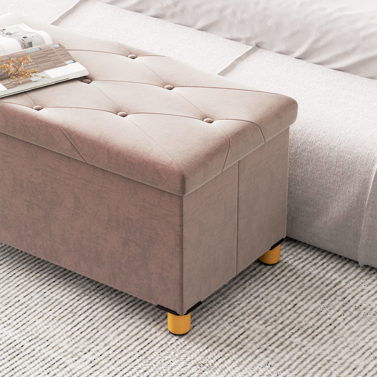 HOMCOM Velvet Upholstered Foldable Ottoman Footrest, Storage Ottoman Bench with Wood Legs for Living Room, Pink