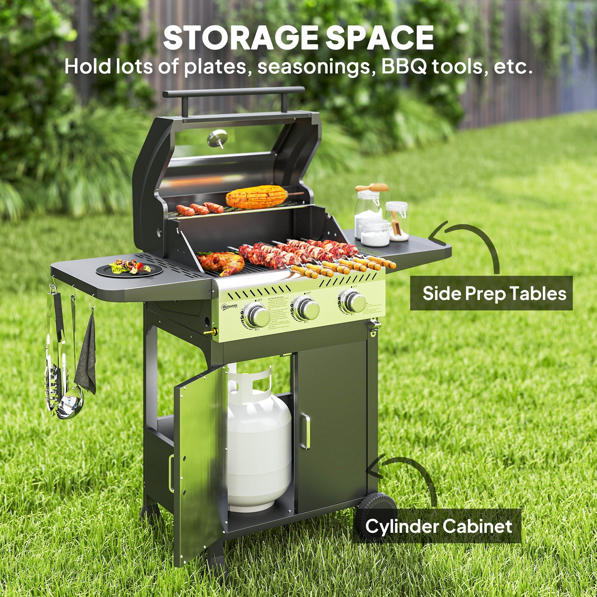 Outsunny 7.5kW Three-Burner Gas BBQ Grill, with See-Through Lid - Black