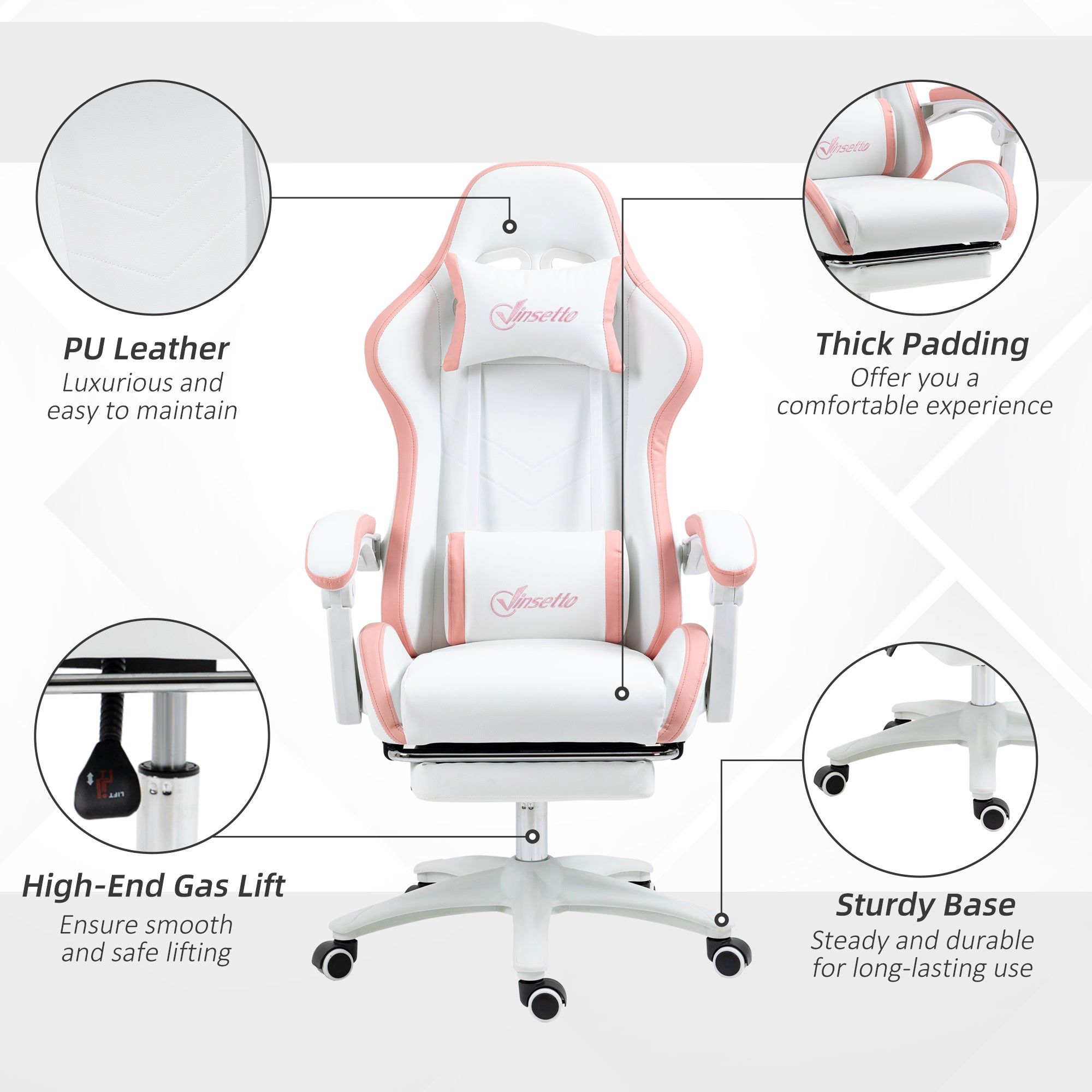 Vinsetto Computer Gaming Chair, PU Leather Desk Chair with Footrest, Swivel Task Chair with 135\'c2\'b0 Reclining Back and Lumbar Support, PC Chair for Adults, White and Pink