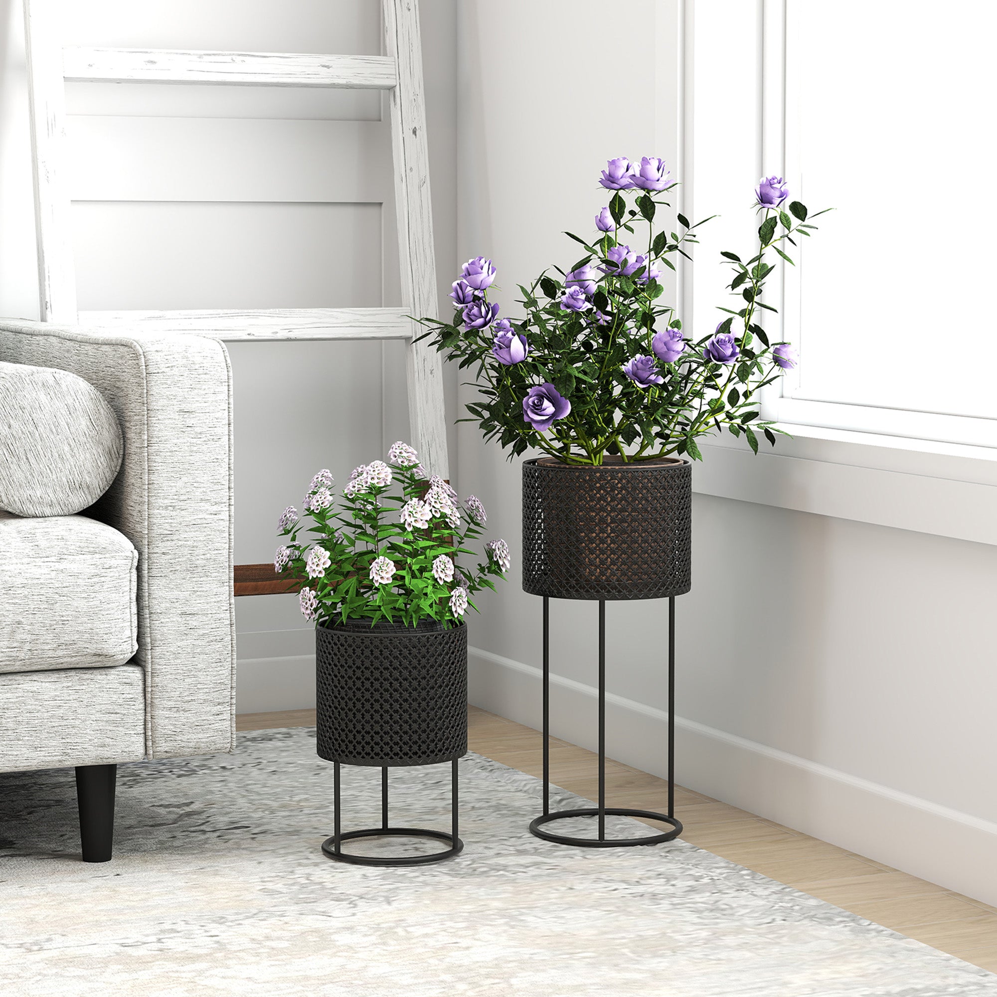 Outsunny Metal Plant Pots Set of 2 with Hollow Design Flower Planters for Garden Balcony Black
