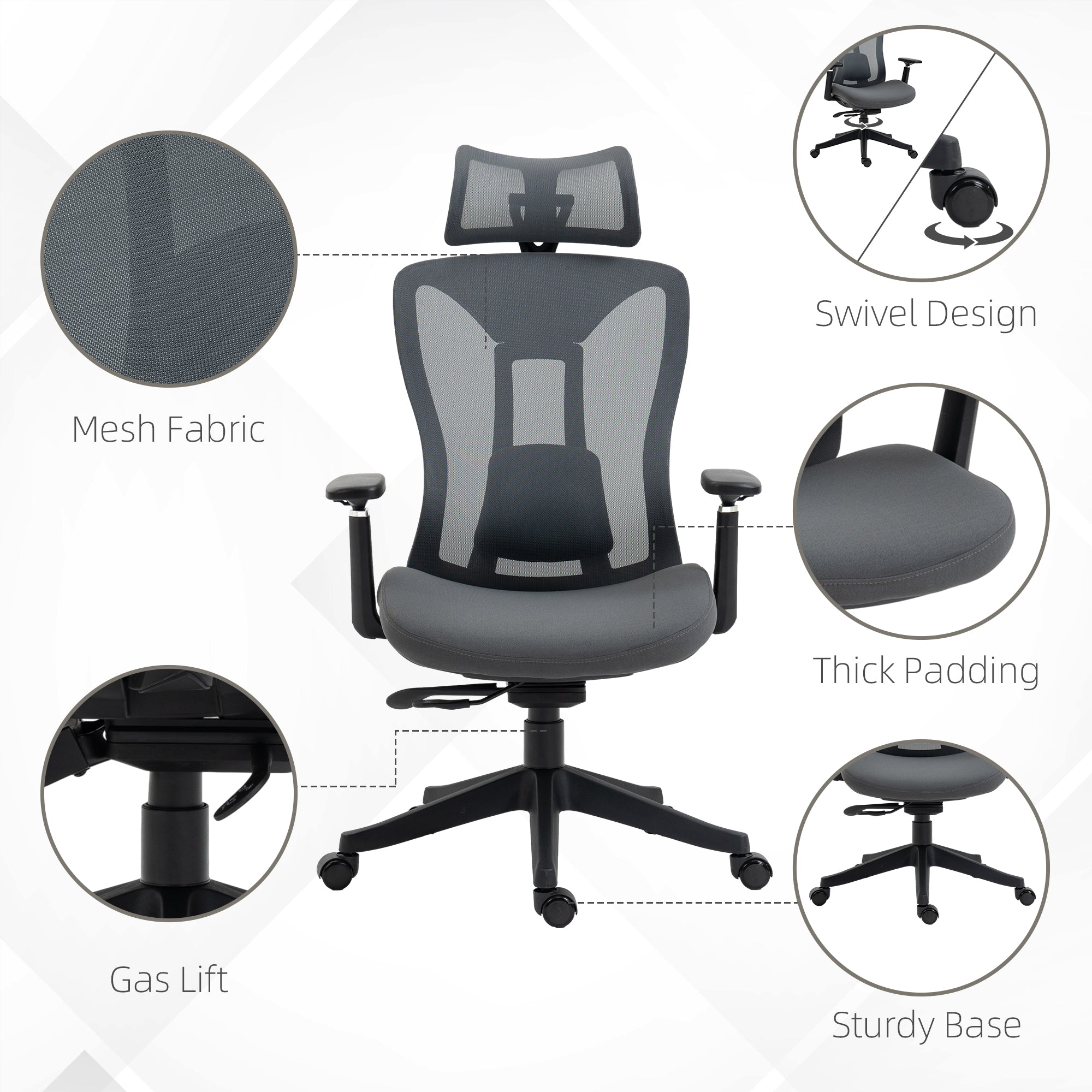 Vinsetto Mesh Office Chair, Ergonomic Desk Chair, Computer Chair with Adjustable Headrest and Lumbar Support, 135\'c2\'b0 Reclining Back and 3D Armrest for Home Office Study, Grey