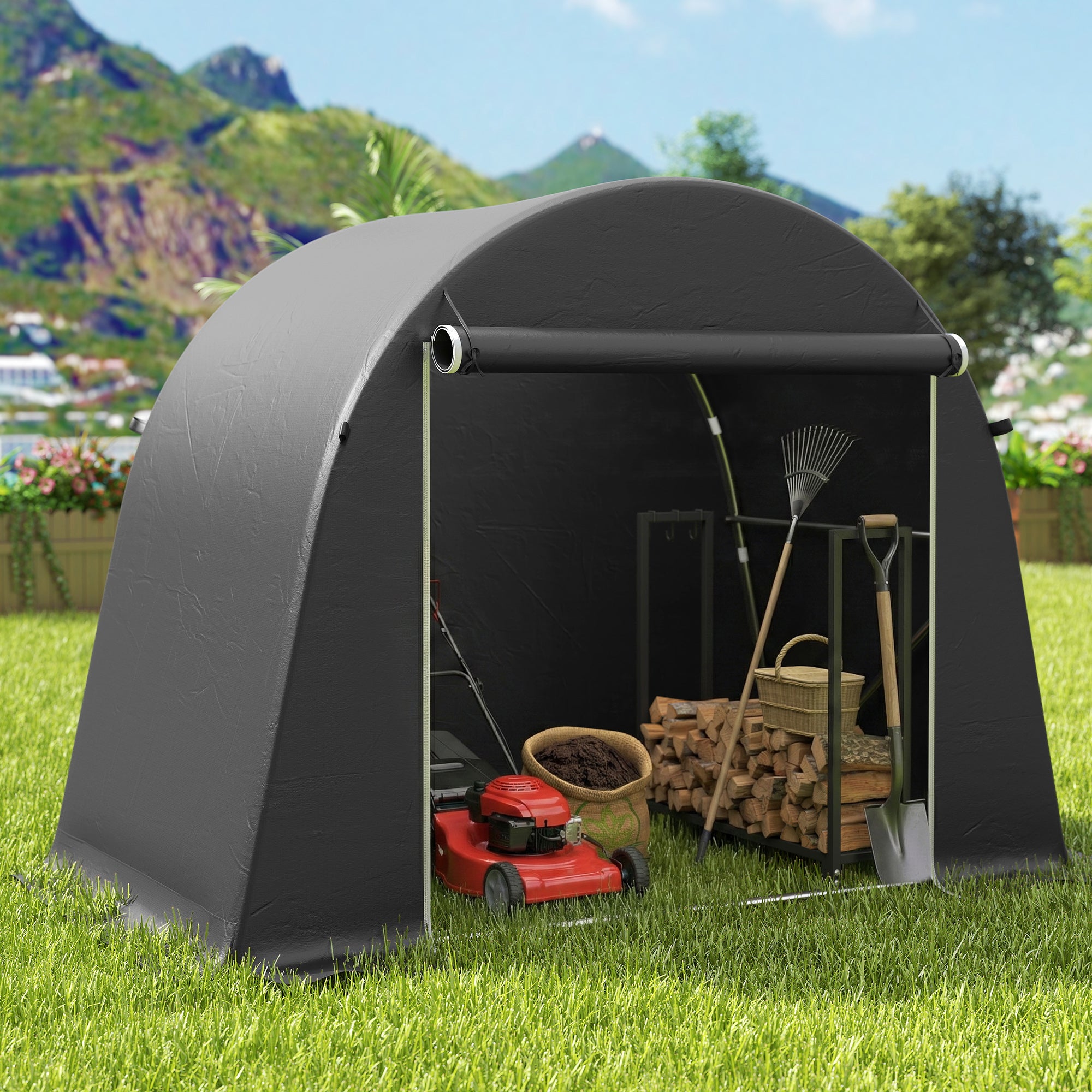 Outsunny 8 x 4 ft Garden Storage Tent, Waterproof Bike Tent with Roll-up Zipper Door and Galvanised Metal Frame, Dark Grey