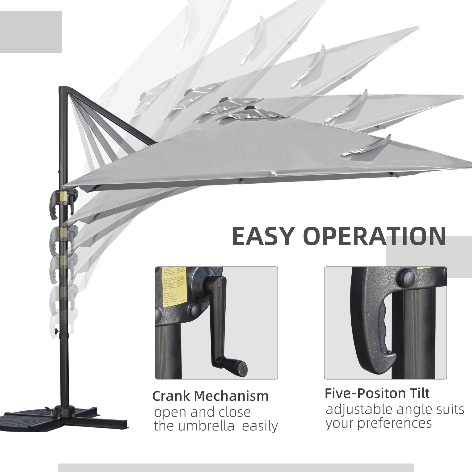 Outsunny 2.7 x 2.7 m Cantilever Parasol, Square Overhanging Umbrella with Cross Base, Crank Handle, Tilt, 360\'c2\'b0 Rotation and Aluminium Frame, Grey