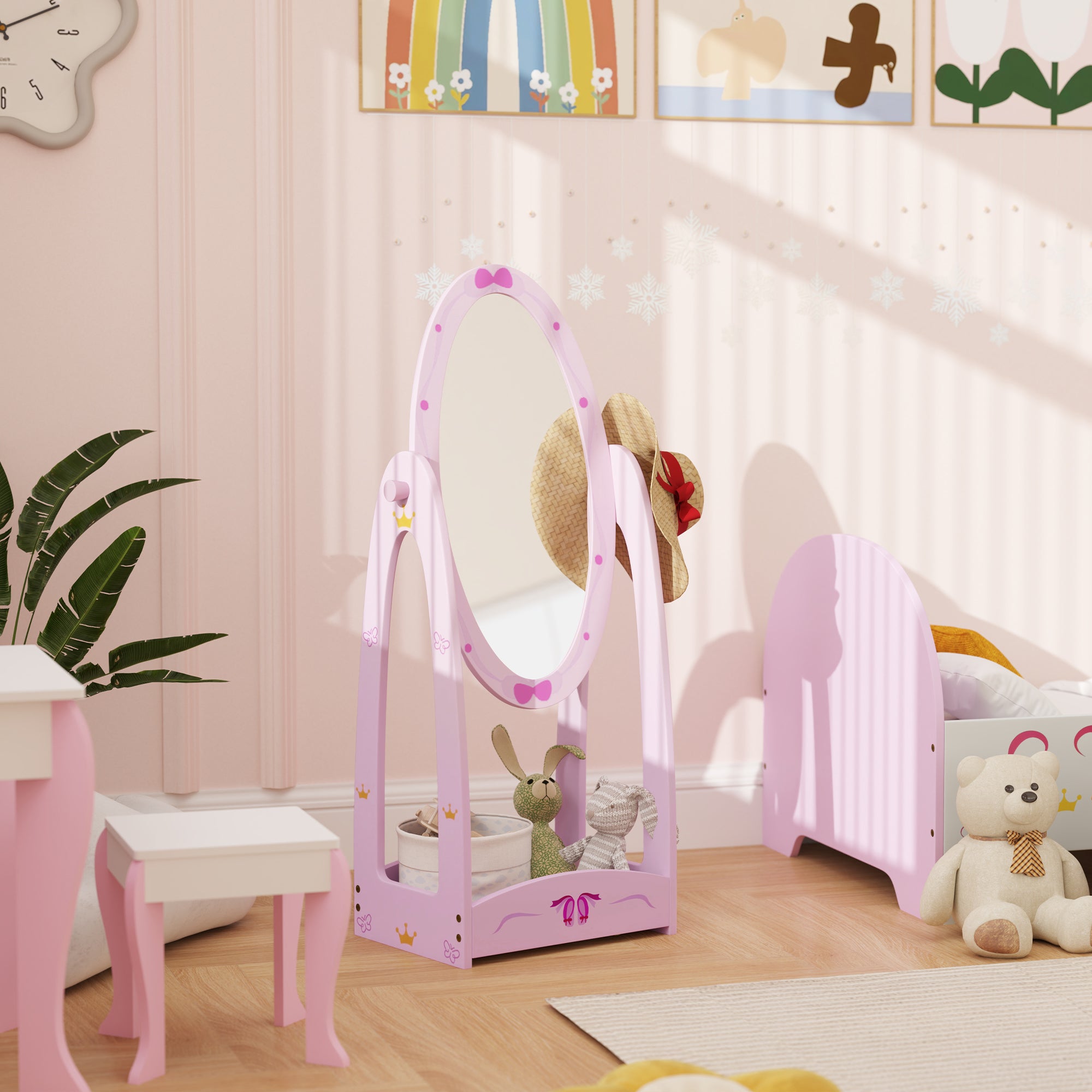 AIYAPLAY Kids Full Length Mirror, 360\'c2\'b0 Rotating Children Standing Mirror with Storage Shelf, Pink