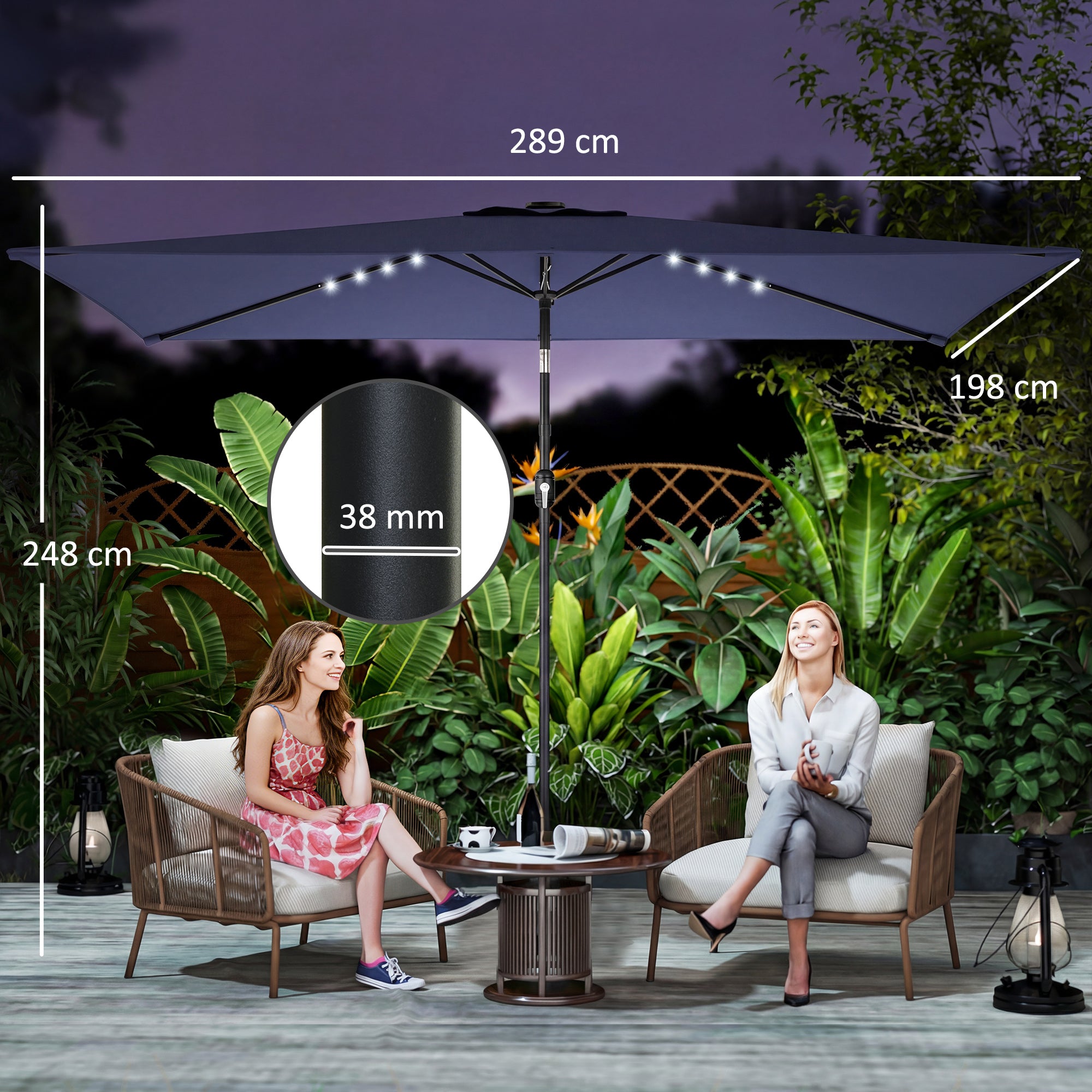 Outsunny 3 x 2 m Garden Parasol Umbrella with LED Solar Light, Parasol Cover, Outdoor Market Patio Umbrella, Navy Blue