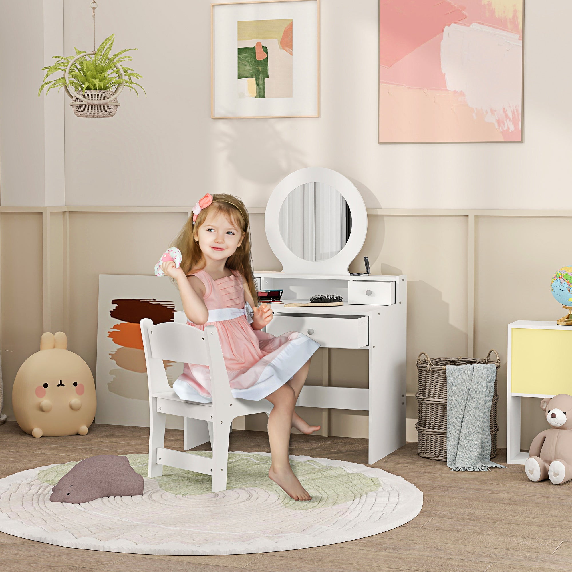 AIYAPLAY Kids Dressing Table Set Kids Make up Table with Stool and Mirror, Storage Drawers, Gift for Aged 3-8