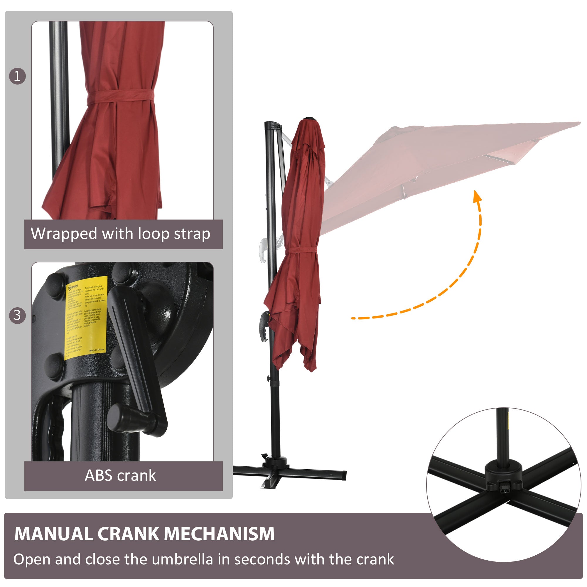 Outsunny 2.5 x 2.5m Patio Offset Parasol Umbrella Cantilever Hanging Aluminium Sun Shade Canopy Shelter 360\'c2\'b0 Rotation with Crank Handle and Cross Base, Wine Red