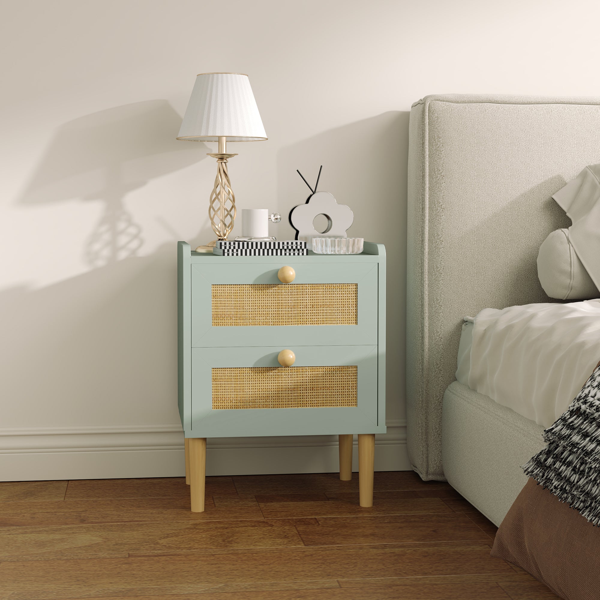 HOMCOM Bedroom Chest of Drawers, Boho Rattan Dresser with 2 Drawers, Storage Cabinet for Living Room, Hallway, Entryway, Olive Green