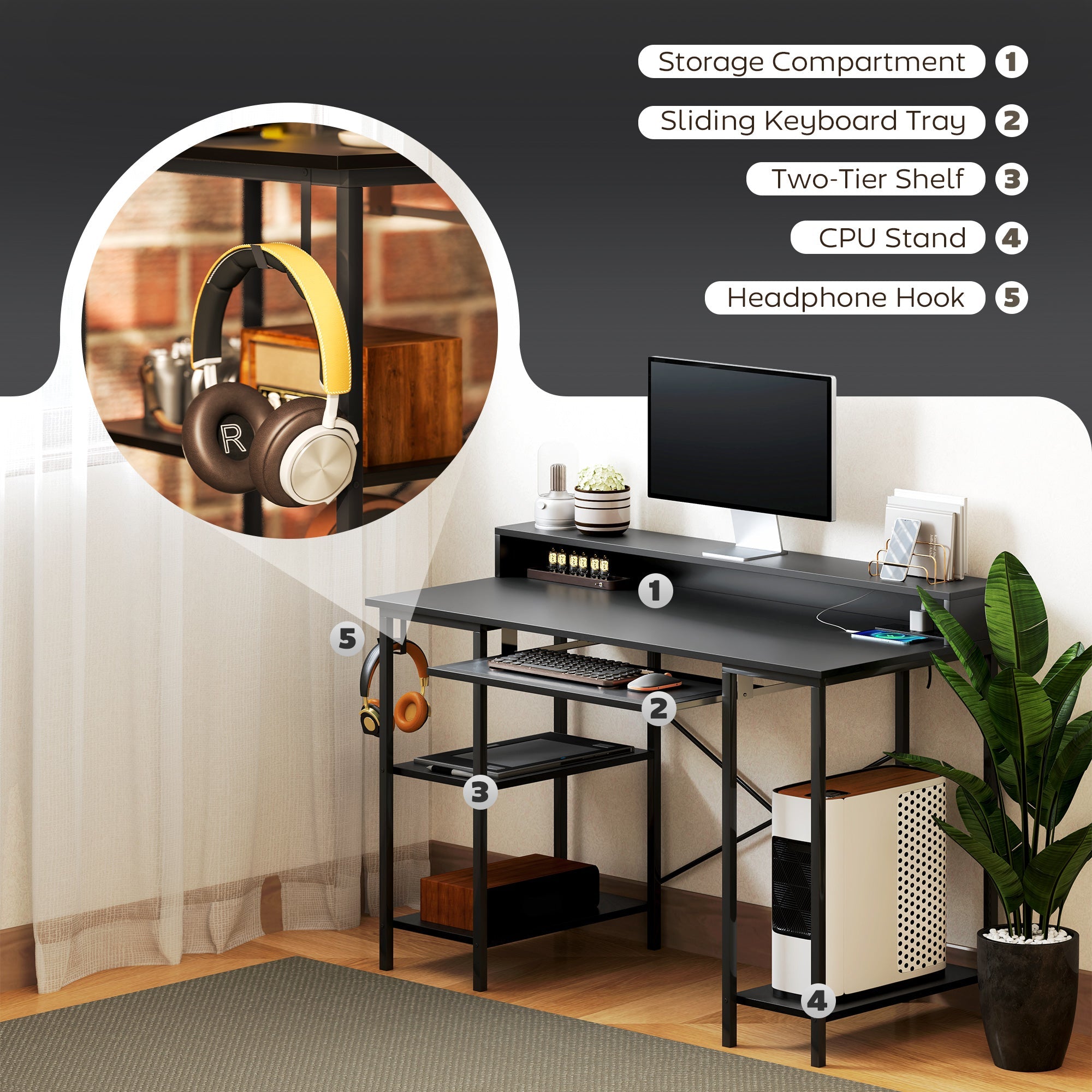 HOMCOM Computer Desk with LED Lights and Power Outlets, 120 x 55 cm Reversible Gaming Desk with Monitor Stand, Sliding Keyboard Tray and Storage Shelves for Home Office, Black