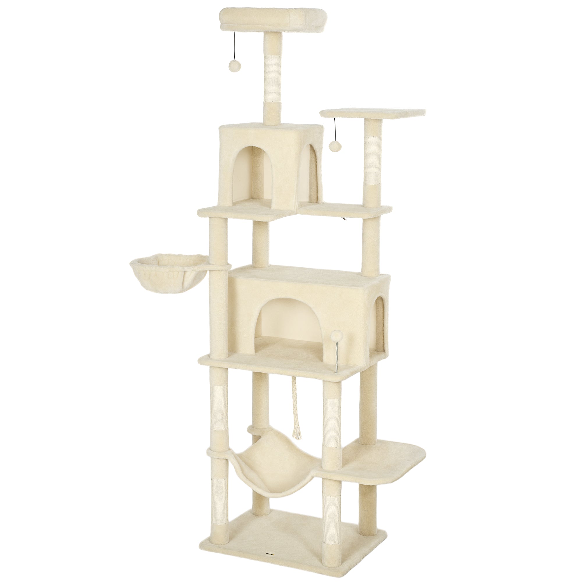 PawHut 202cm Cat Tree with 6 Scratching Posts, 2 Hammocks, 2 Condos, 2 Perches, Pompoms, for Cats to Rest and Play, Beige