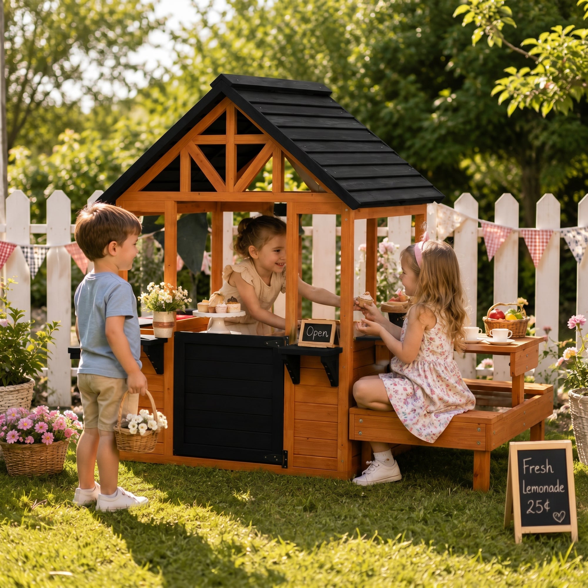 AIYAPLAY Wooden Playhouse Playhouse for Kids with Table, Benches, Sink Table, Windows, Flowerpot Holders, for Ages 3-8, Brown
