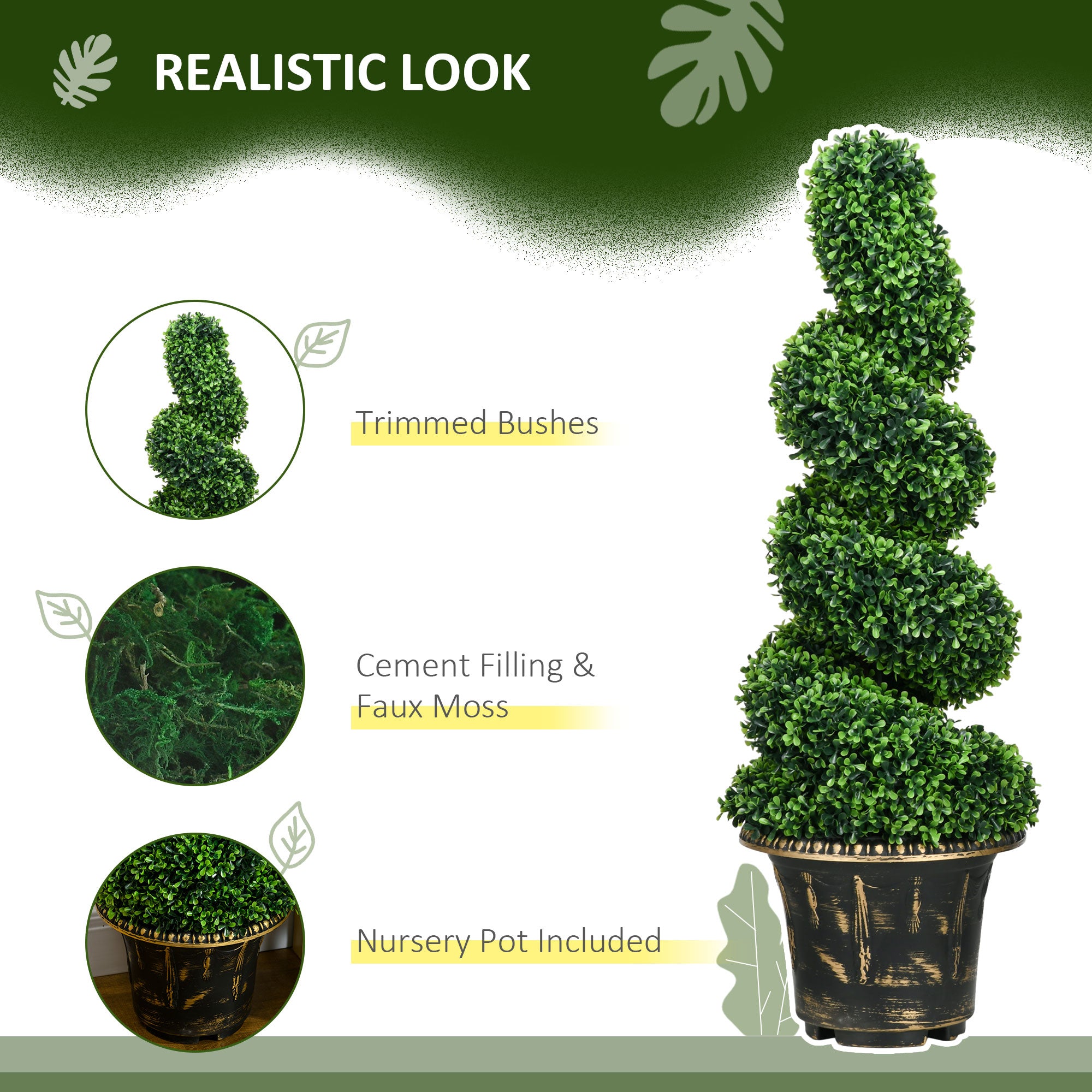 HOMCOM Set of 2 Artificial Plants, Topiary Spiral Boxwood Trees with Pot, for Home Indoor Outdoor Decor, 90cm