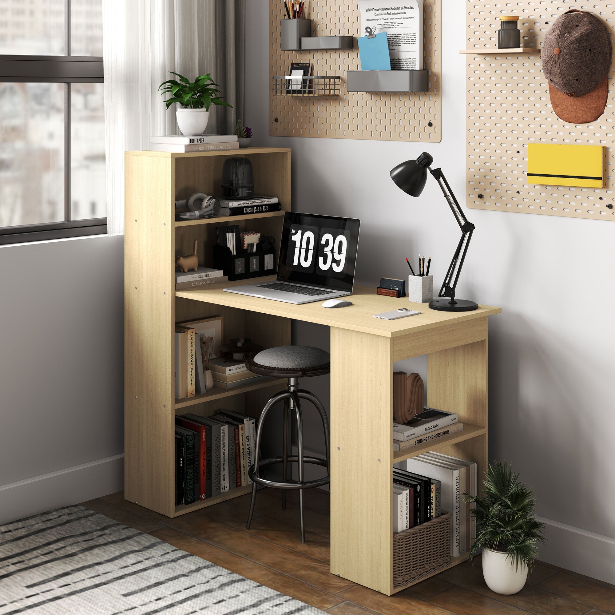 HOMCOM 120cm Modern Computer Desk Bookshelf Study Table Workstation PC Laptop Writing Home Office 6 Shelves, Natural Wood Finish