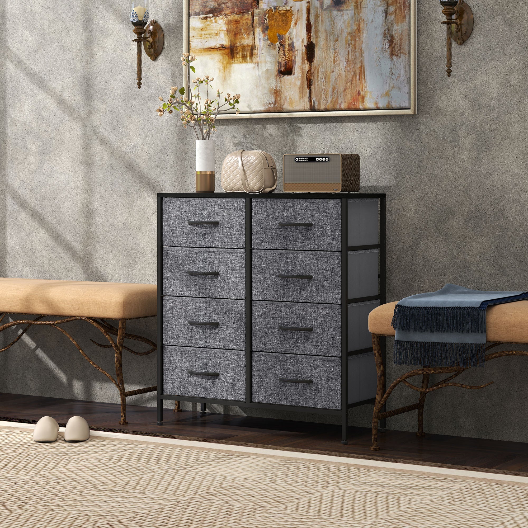 HOMCOM Fabric Chest of Drawers, Storage Drawers, Industrial Bedroom Dresser with 8 Fabric Drawers, Steel Frame and Wooden Top for Nursery, Living Room, Hallway, Black