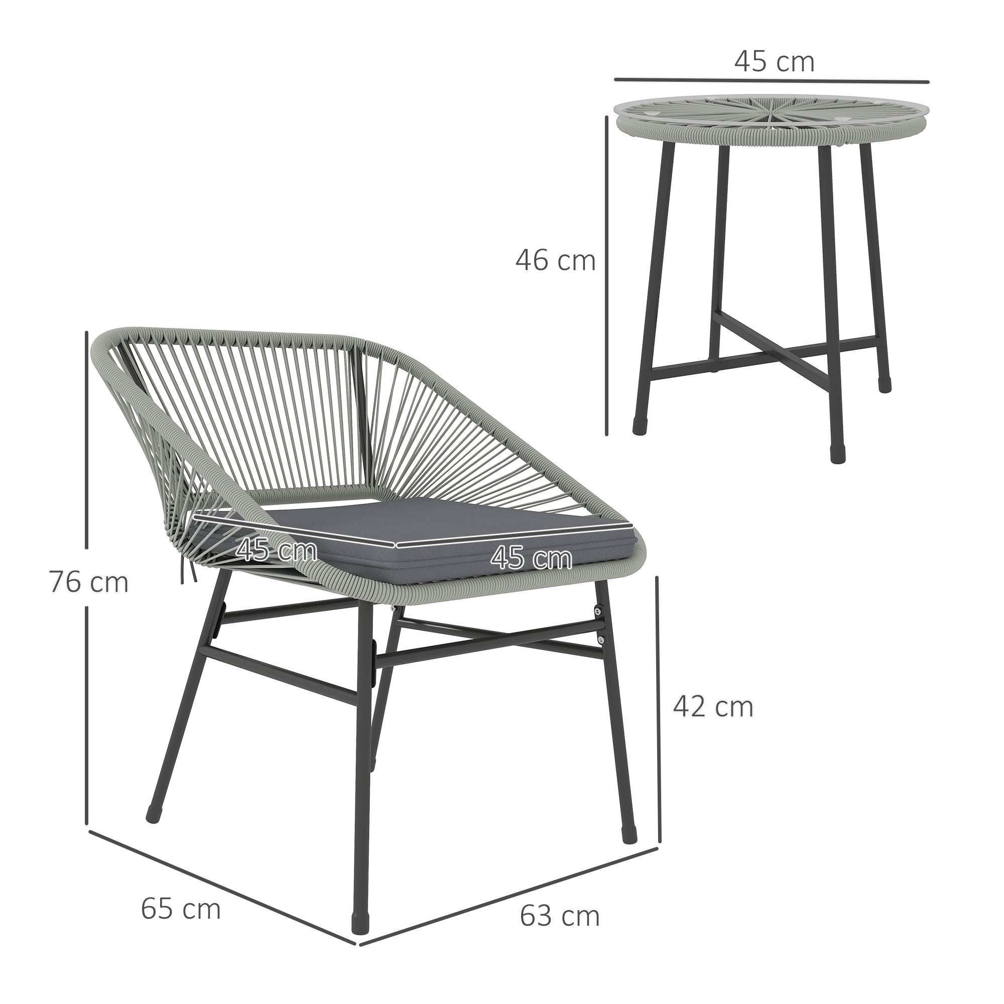 Outsunny 3 Pieces Rattan Bistro Set, Wicker Small Garden Table and Chairs Set with Cushions and Glass Top Coffee Table, Bistro Garden Furniture Set for Outdoor, Patio, Balcony, Light Grey