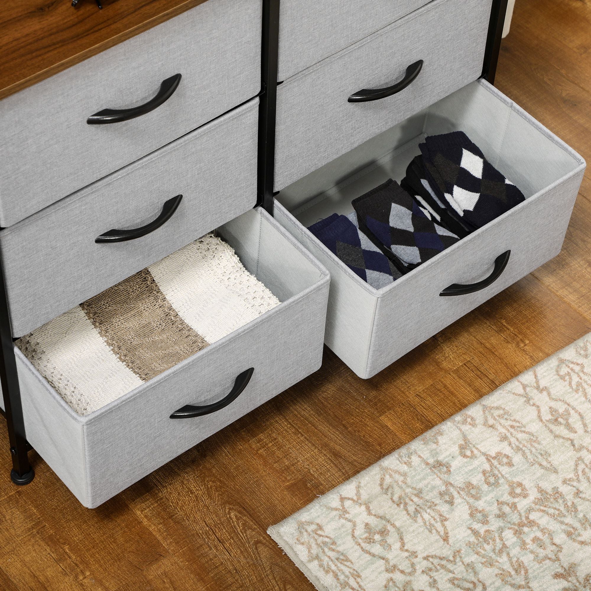 HOMCOM Fabric Chest of Drawers, Industrial Storage Bedroom Dresser with 6 Fabric Drawers, Steel Frame and Wooden Top for Nursery, Living Room, Hallway, Grey