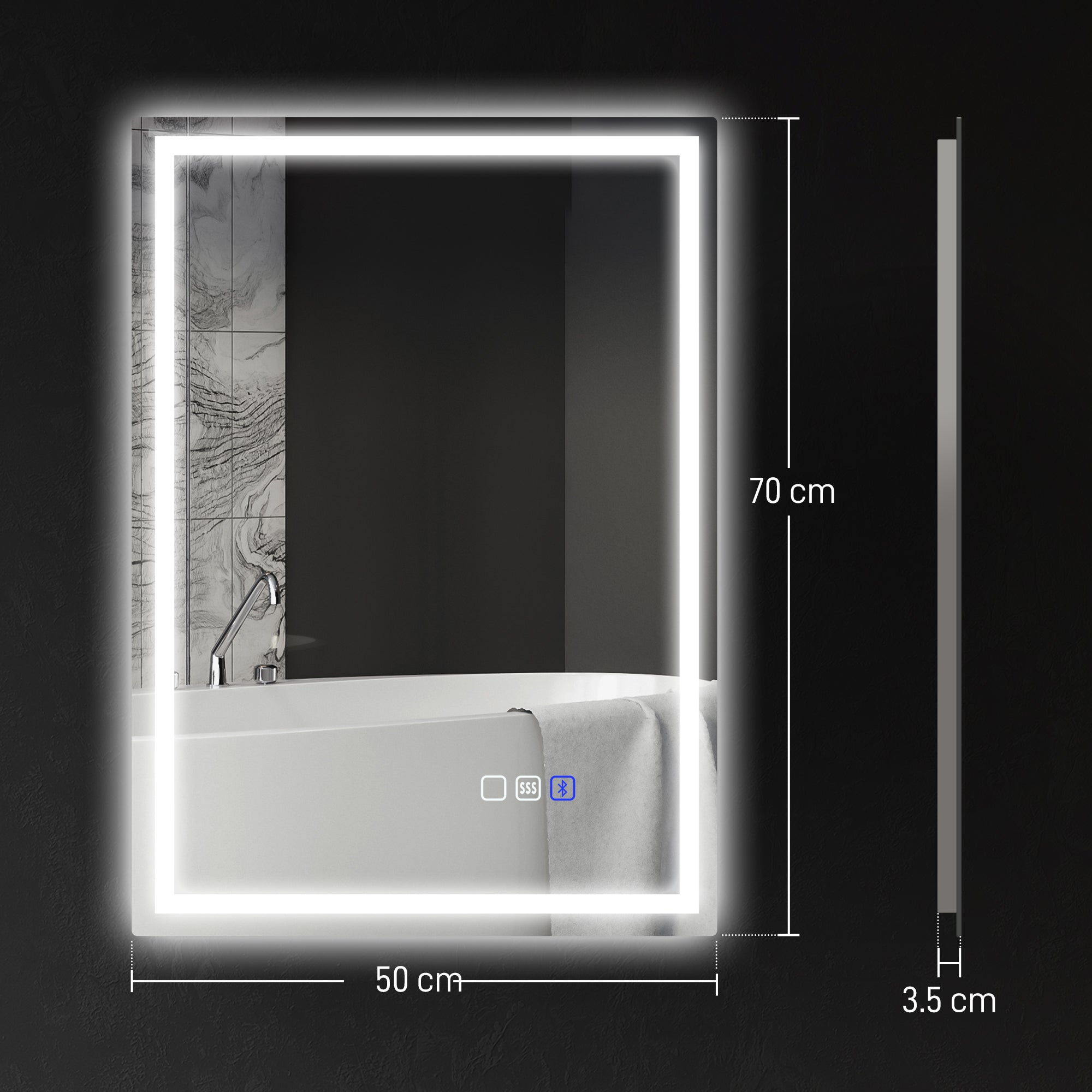 HOMCOM 50 x 70 cm Bluetooth LED Bathroom Mirror with Anti-Fog - Silver Tone