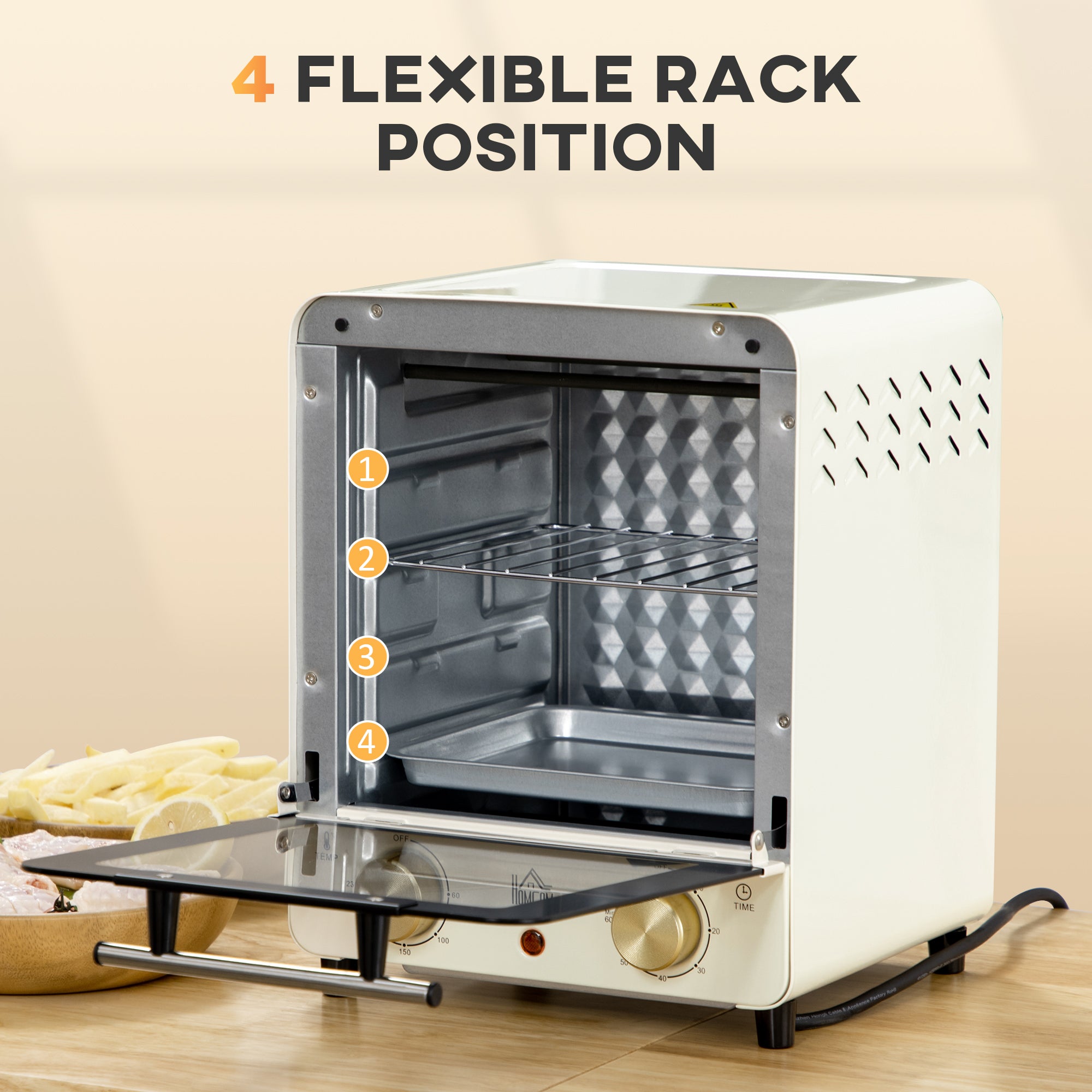 HOMCOM Mini Oven, 15 Litres Electric Oven and Grill with 60-230\'e2\'84\'83 Adjustable Temperature, 60 Minute Timer, Include Baking Tray, Wire Rack and Crumb Tray, 1000W, Cream White