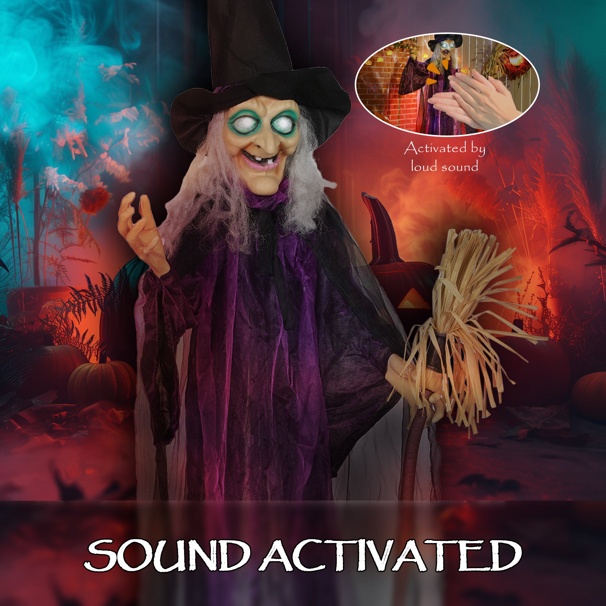 Outsunny 6ft Animated Witch Decoration, with Sound - Purple/White