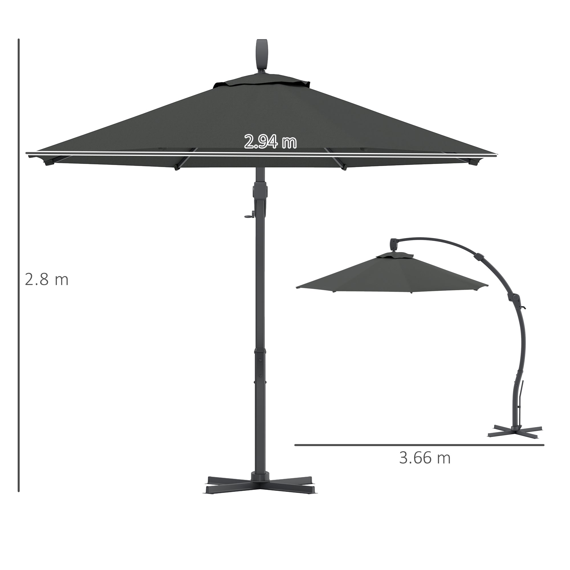 Outsunny 3(m) Garden Cantilever Parasol, Round Overhanging Umbrella with Crank Handle, Cross Base, Aluminium Frame and 360° Rotation, Banana Patio Umbrella for Outdoor Sun Shade, Grey